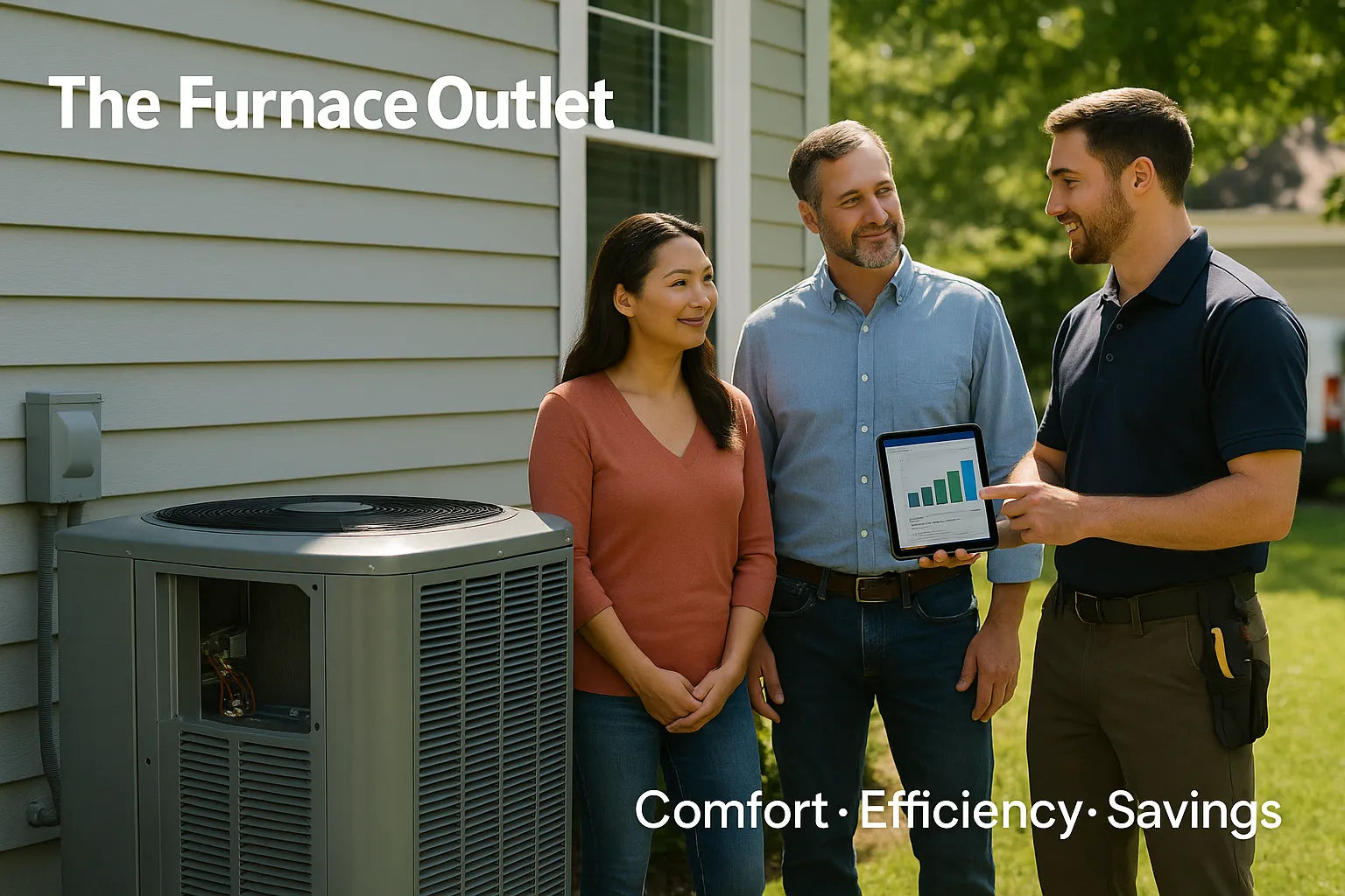 HVAC technician showing homeowners a tablet beside a backyard ACheat-pump unit at a suburban U.S. home, bright natural light, conveying comfort, efficiency, and cost-saving upgrades.