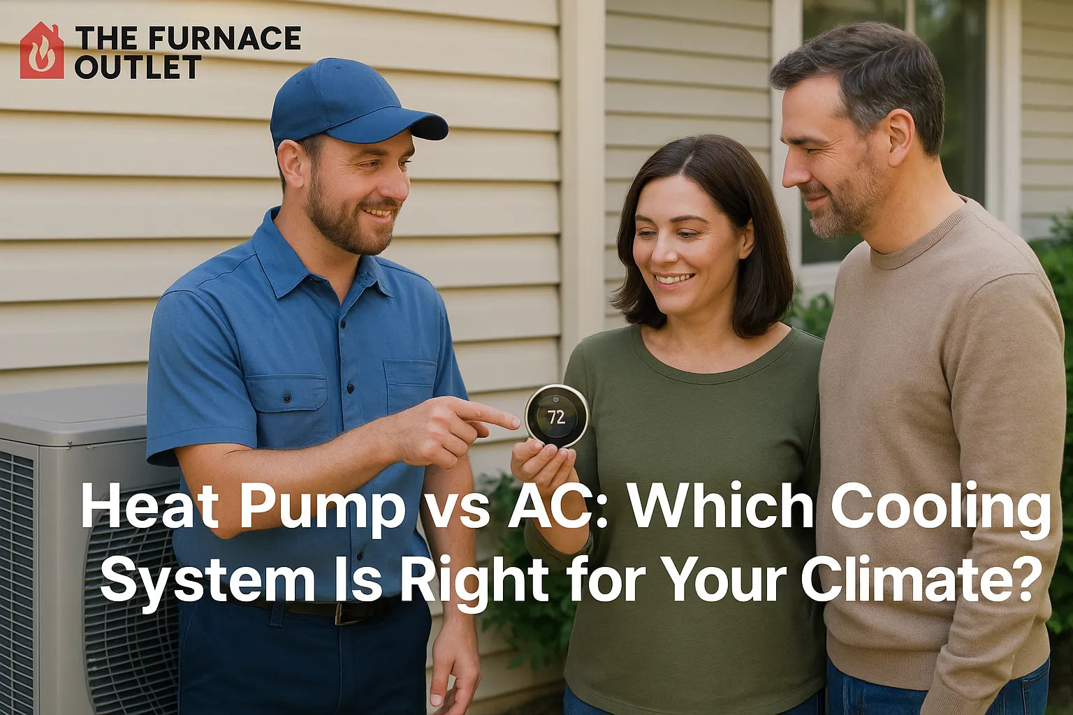 HVAC technician shows a smart thermostat to smiling homeowners next to a heat pump outside their house.