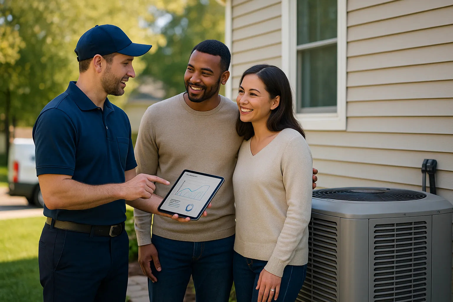 HVAC technician shows homeowners a tablet with savings estimates beside a modern outdoor heat pump at a sunlit suburban home.