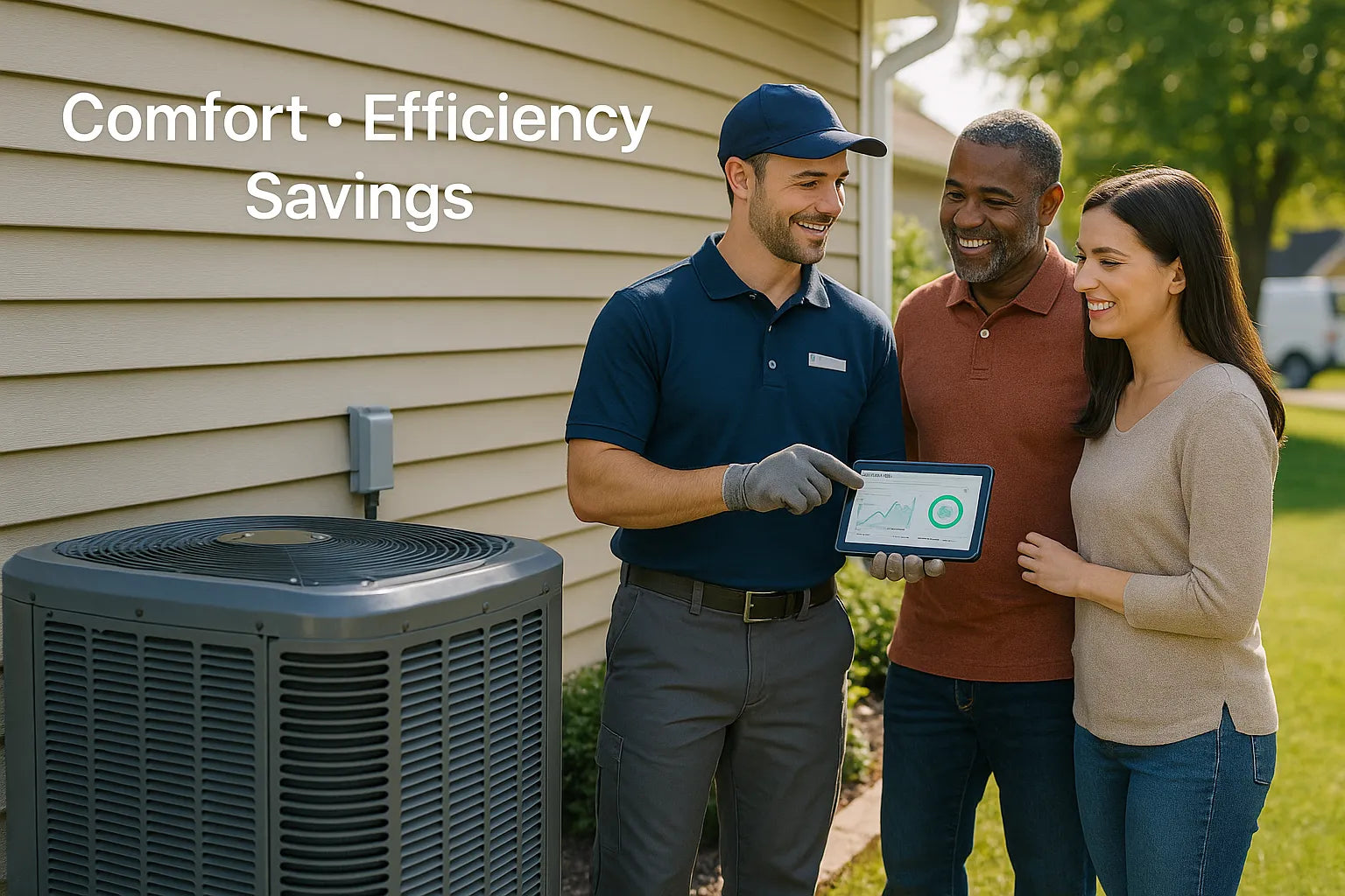 HVAC technician shows homeowners energy-savings on a tablet beside a backyard AC condenser at a bright suburban U.S. home, conveying comfort, efficiency, and cost-saving upgrades.