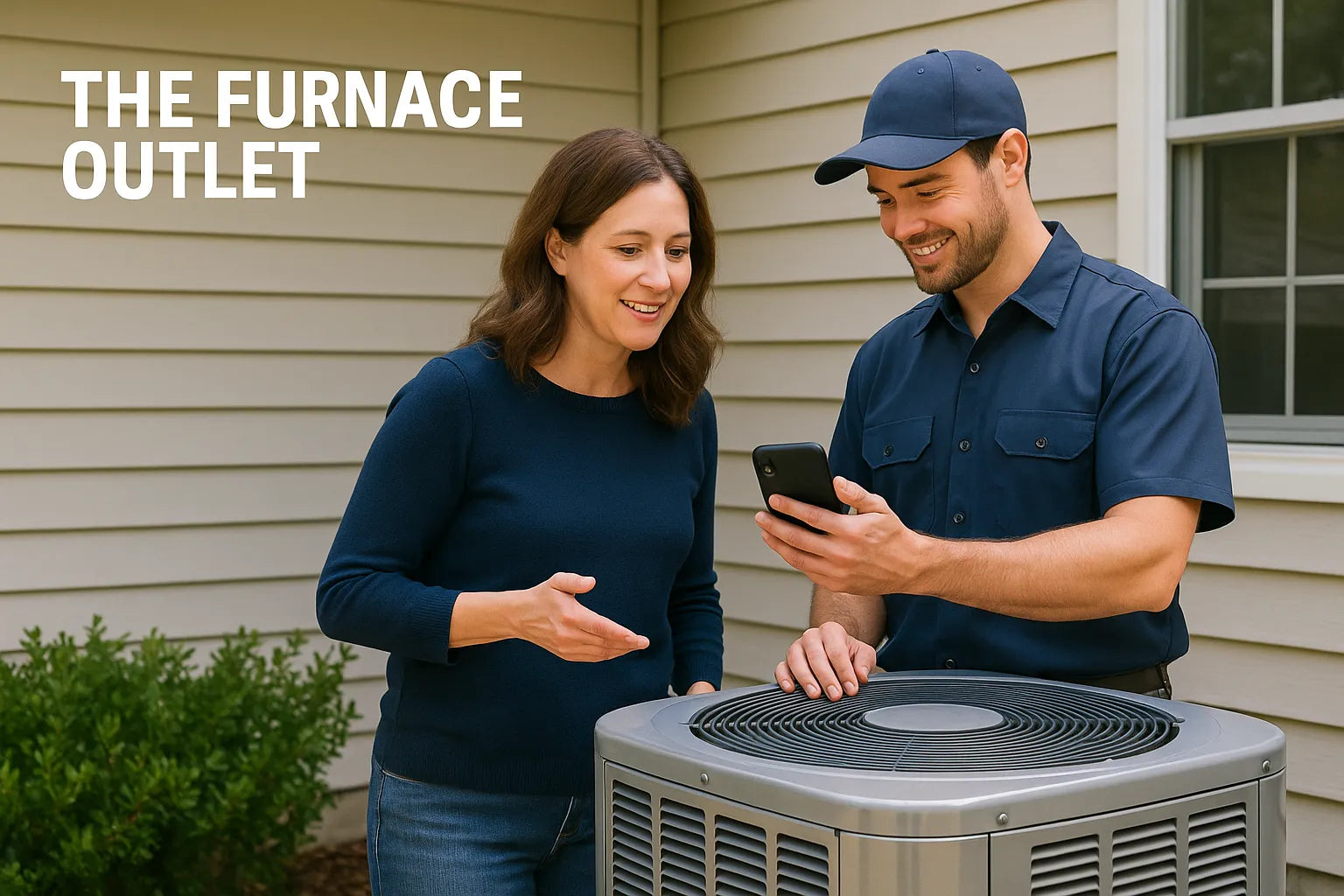 HVAC technician shows smartphone to homeowner beside outdoor AC unit at beige house.