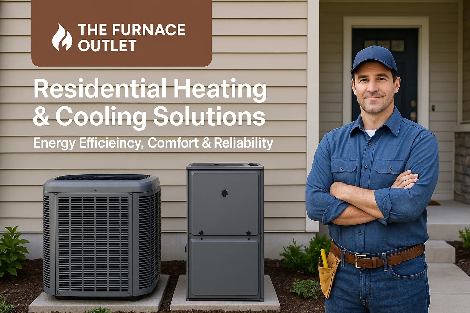 HVAC technician standing beside residential heating and cooling units in front of a suburban home, promoting energy-efficient comfort solutions.