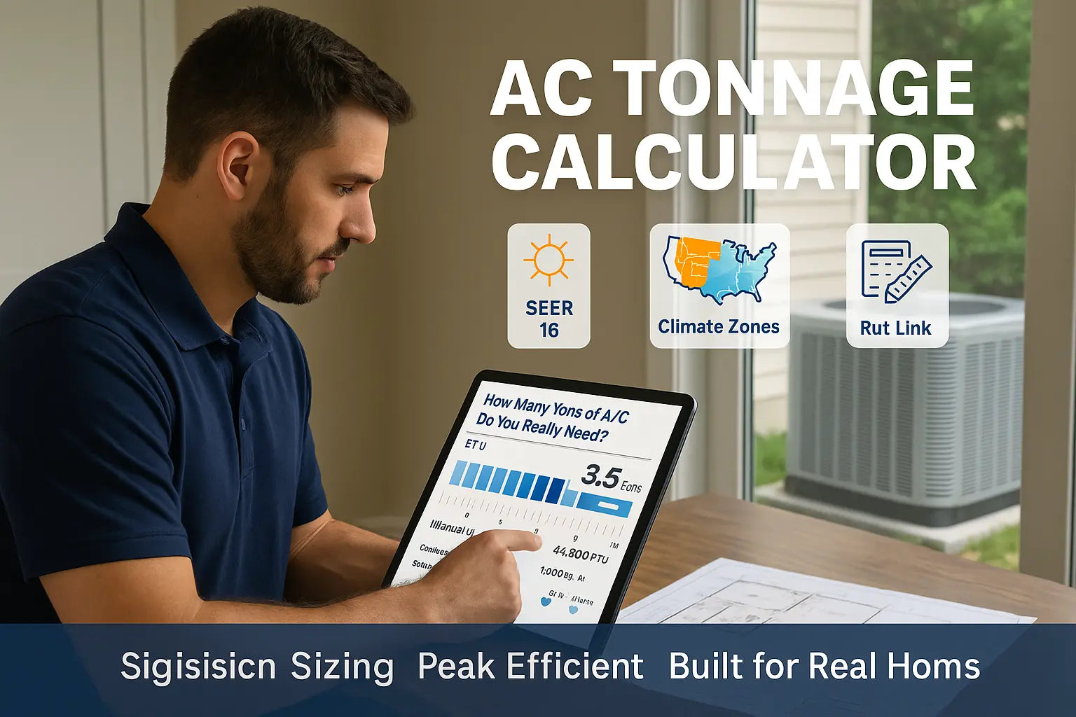 HVAC technician uses AC tonnage calculator on tablet with system efficiency and climate zone overlays nearby