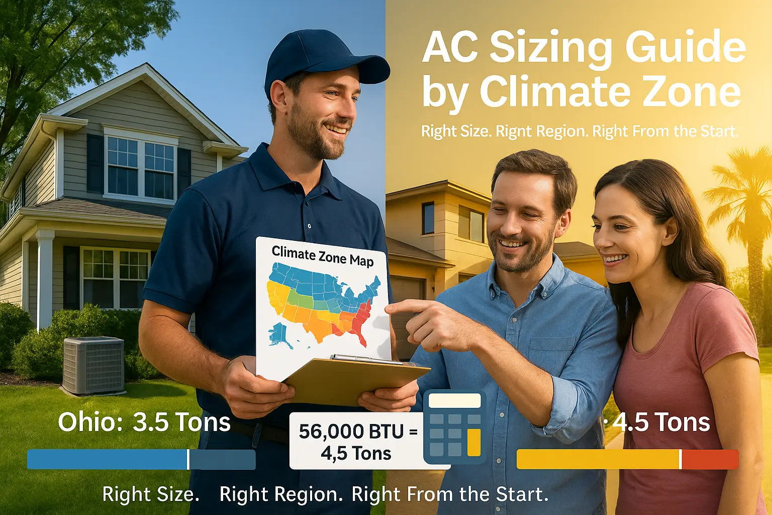 HVAC technician uses a climate zone map to help homeowners compare AC sizing between Ohio and Texas regions