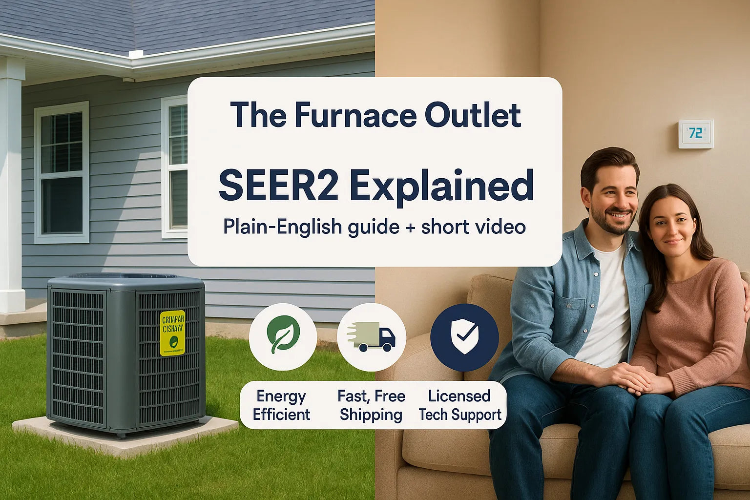 Hero image for The Furnace Outlet showing an energy-efficient AC unit outside a U.S. home and a comfortable couple indoors, highlighting “SEER2 Explained.”