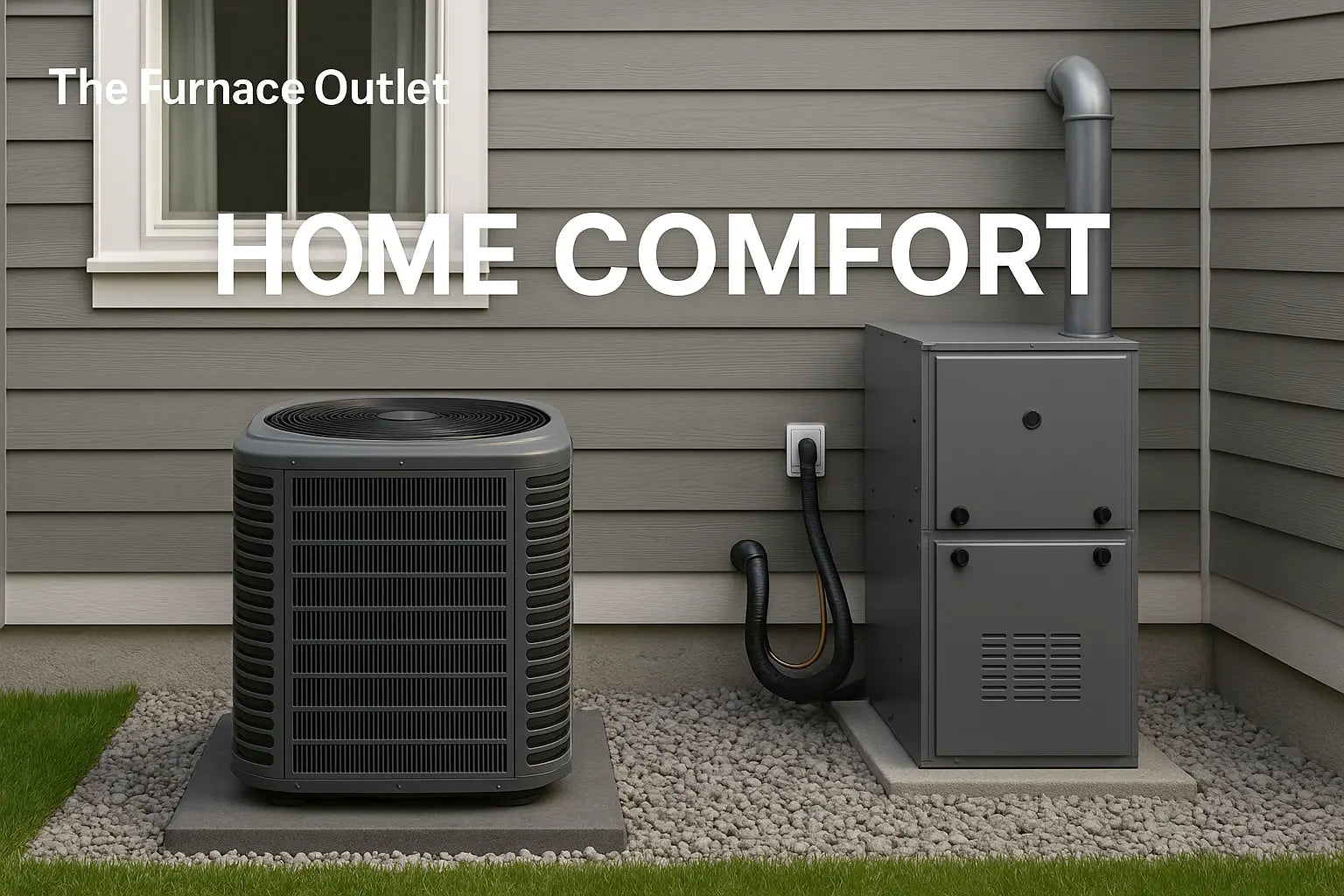 High-efficiency HVAC system outside a modern home showing furnace and central AC unit on gravel pads