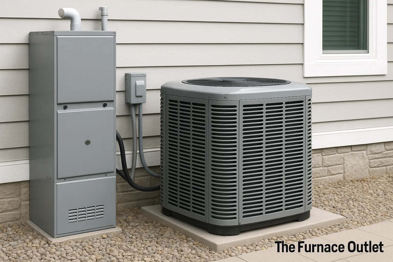 High-efficiency central air conditioning and furnace units installed side-by-side on the exterior of a modern home