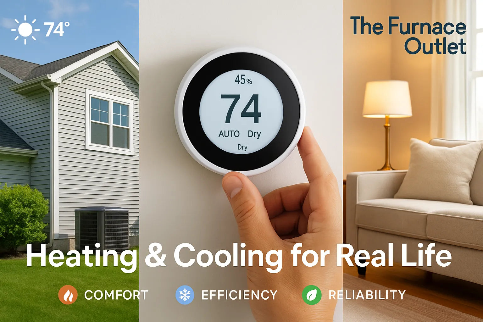 Homeowner adjusting a smart thermostat while partner relaxes in a sunlit living room The Furnace Outlet hero showing energy-efficient comfort and reliability.