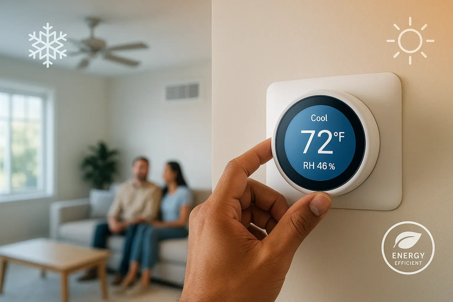 Homeowner adjusts a smart thermostat in a bright living room, suggesting energy-efficient, year-round comfort from The Furnace Outlet.