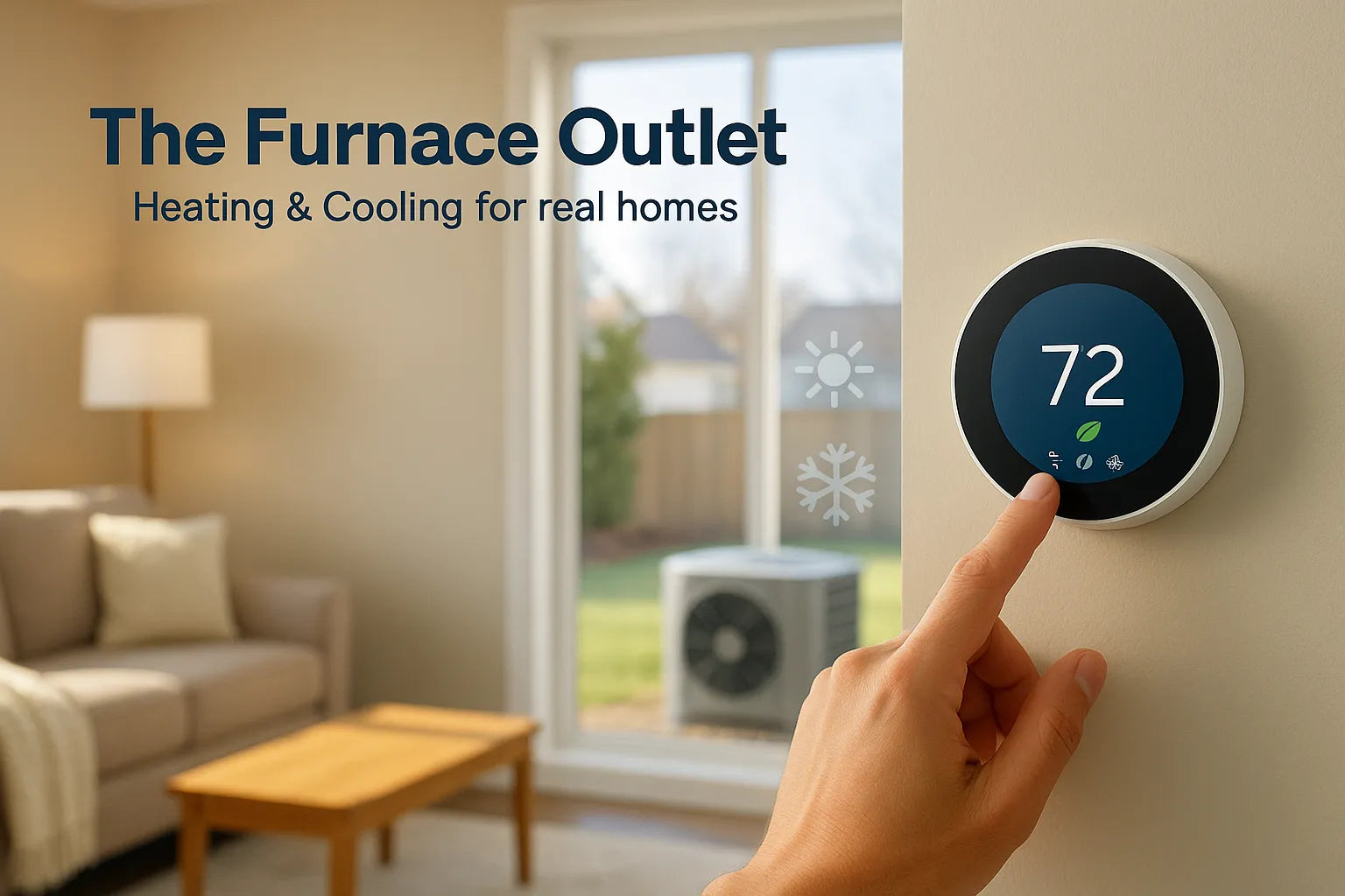 Homeowner adjusts a smart thermostat in a bright living room while an energy-efficient heat pump sits outside. The Furnace Outlet.