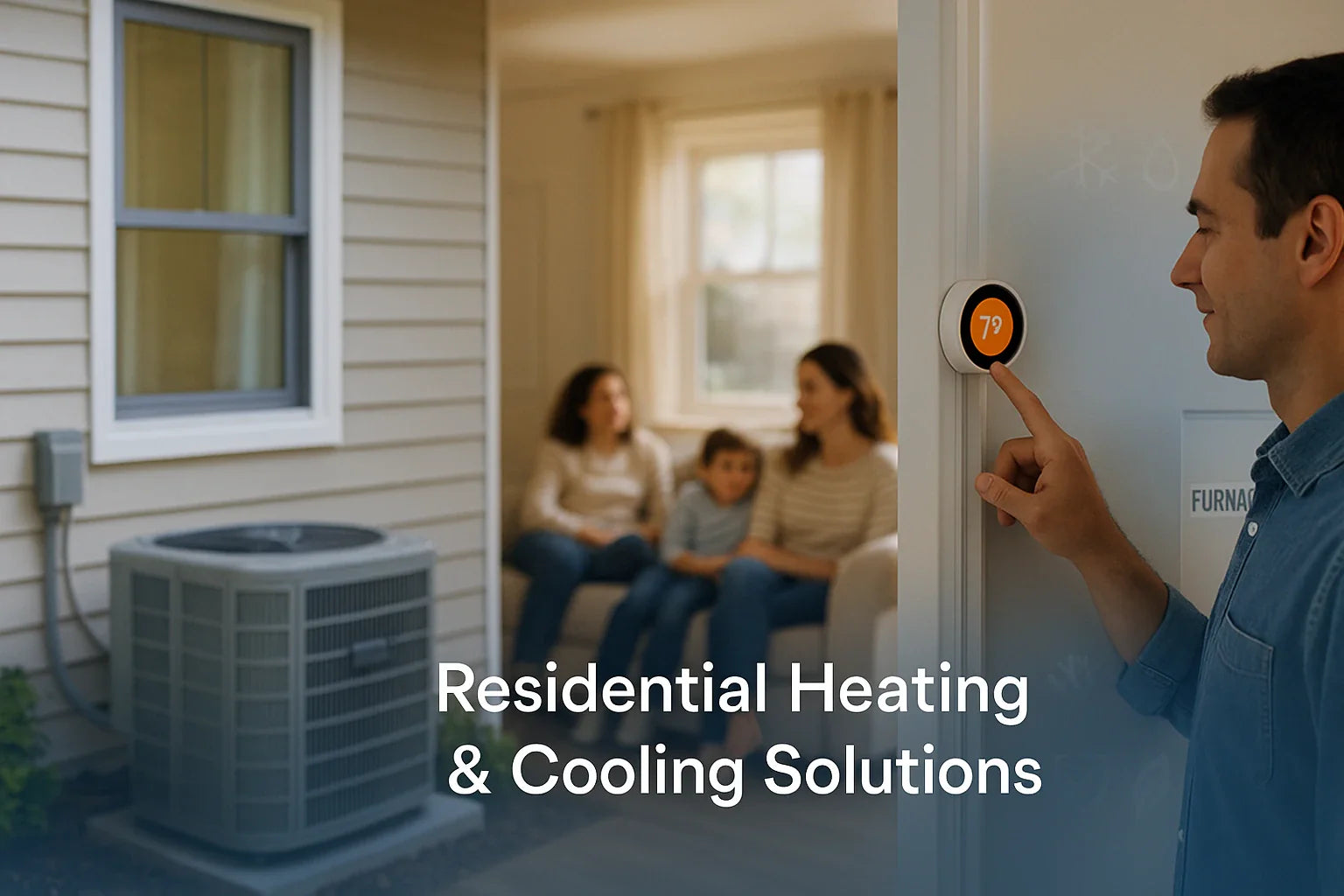 Homeowner adjusts a smart thermostat in a cozy U.S. living room while an energy-efficient heat pump sits outside, signaling reliable heating and cooling.