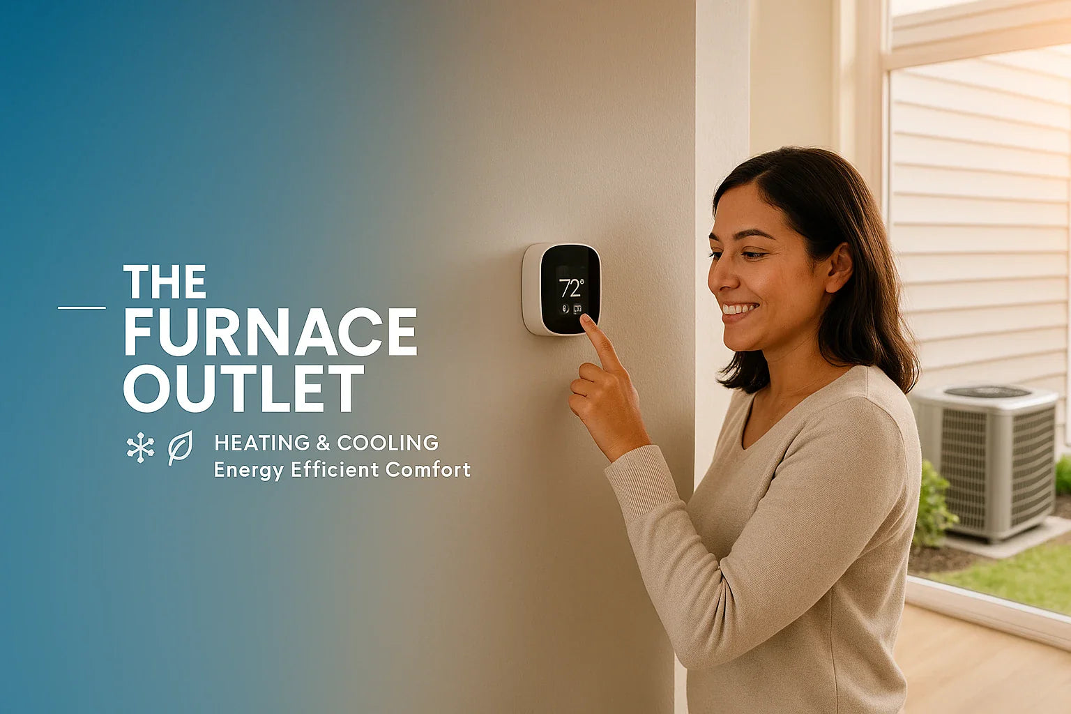 Homeowner adjusts a smart thermostat while a modern heat pump sits outside The Furnace Outlet delivers efficient, comfortable, reliable home HVAC.