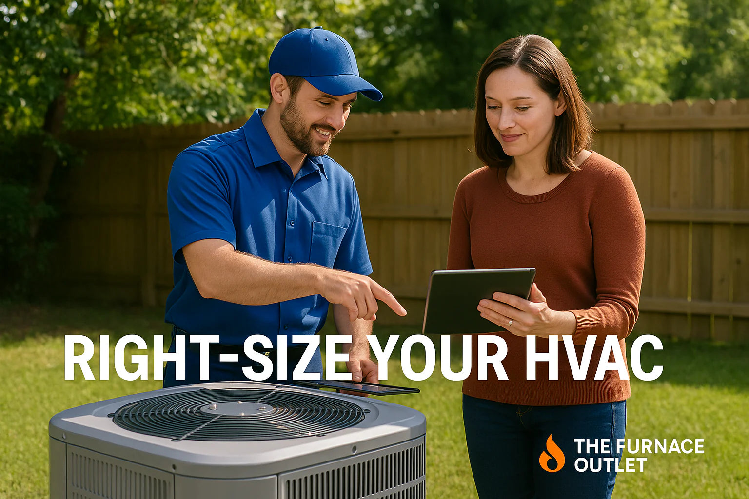 Homeowner and HVAC technician review a central AC unit in a sunny backyard, illustrating right-sizing with The Furnace Outlet.
