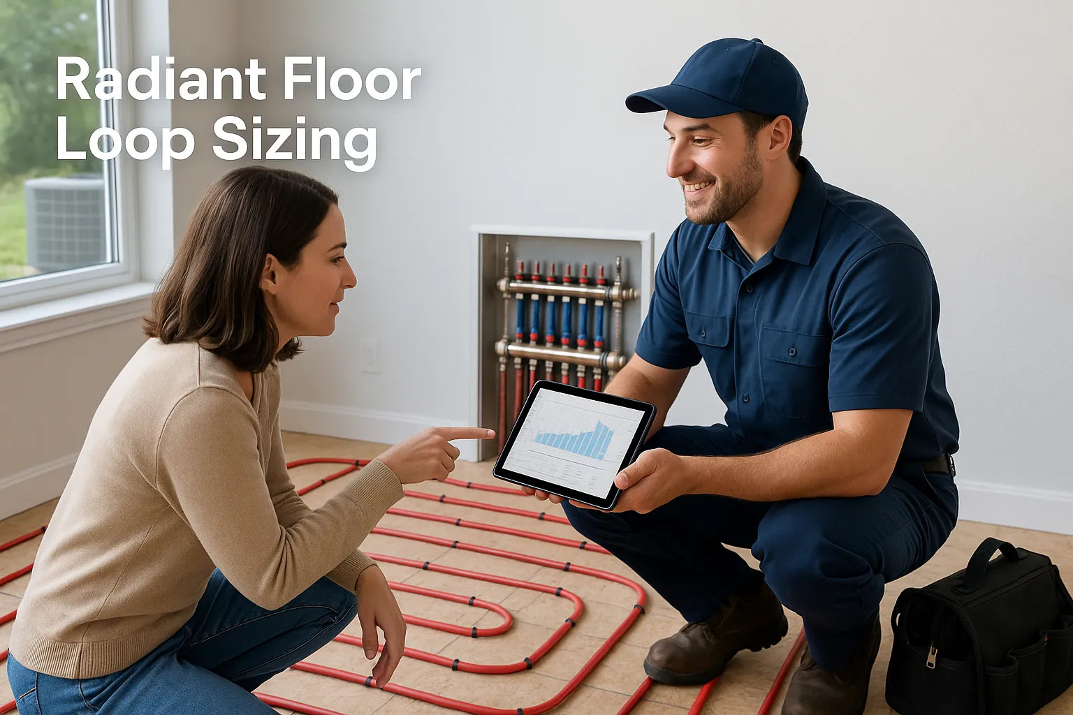 Homeowner and HVAC technician review radiant floor loop plan on a tablet beside visible PEX tubing and a manifold in a bright, modern room (1200×800), conveying trustworthy, real-life HVAC guidance for The Furnace Outlet.