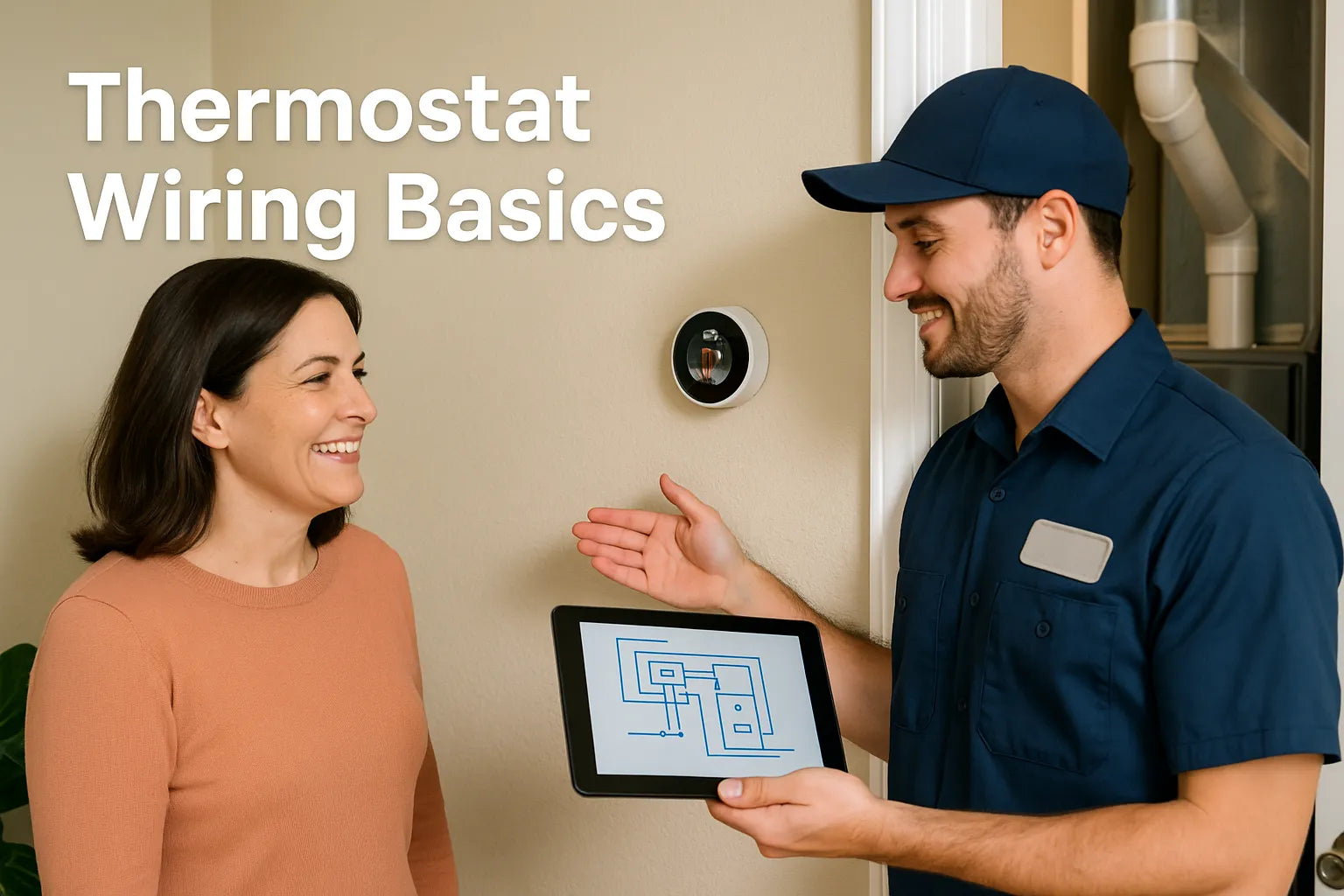 Homeowner and HVAC technician reviewing a smart thermostat’s wiring with a tablet beside a modern furnace in bright, natural light.