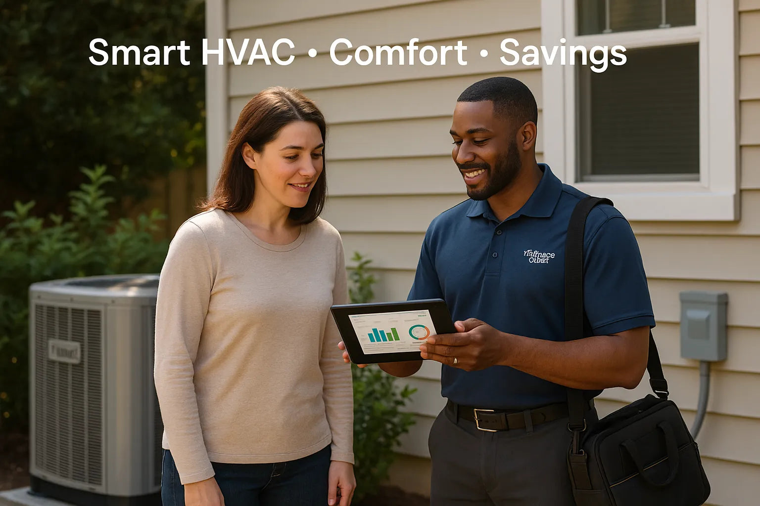 Homeowner and HVAC technician reviewing energy-saving data on a tablet beside a backyard heat pump condenser, bright natural daylight, trustworthy and approachable tone.