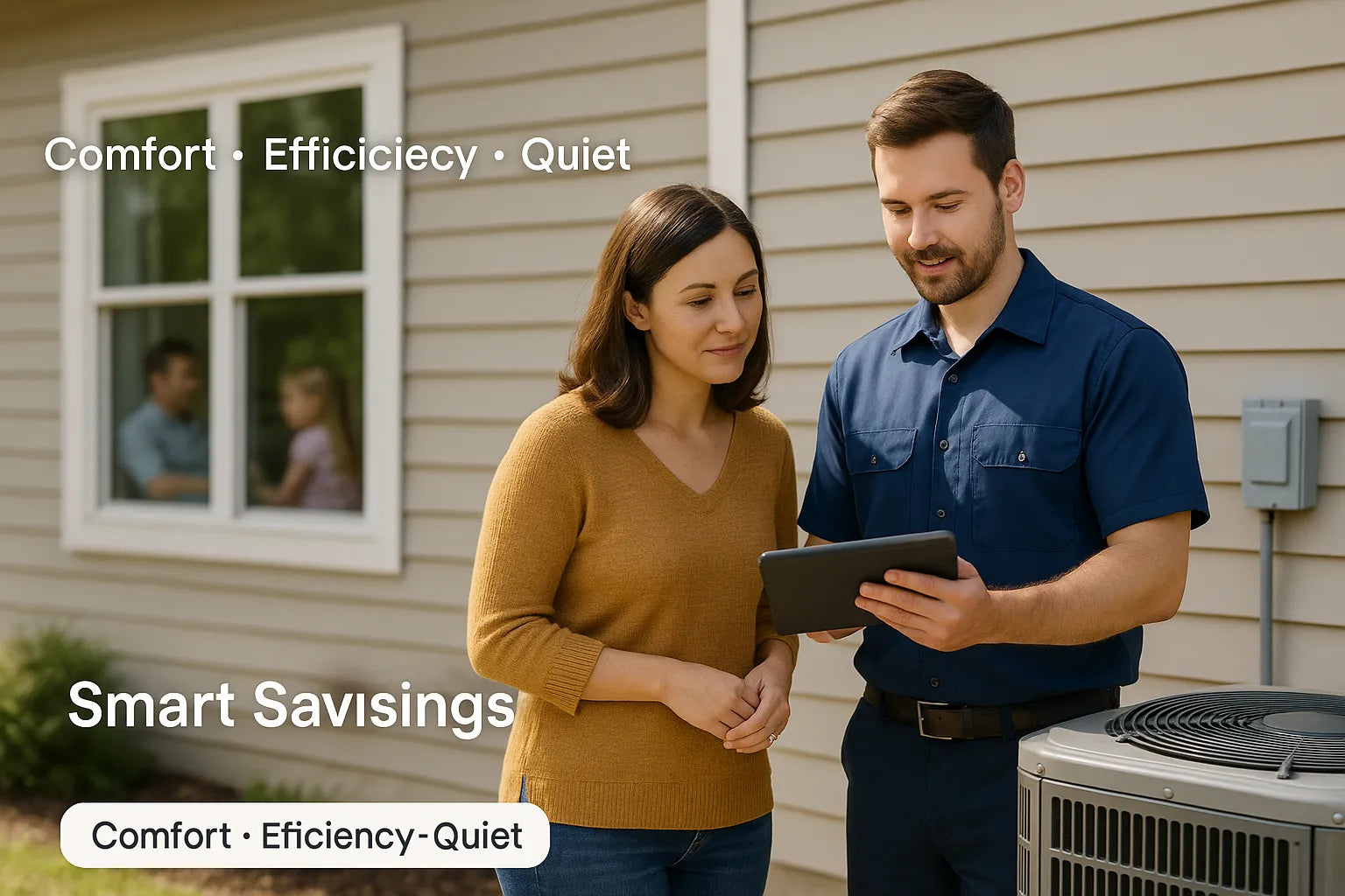 Homeowner and HVAC technician reviewing options beside an outdoor condenser unit at a U.S. home, bright natural light, trustworthy service scene.