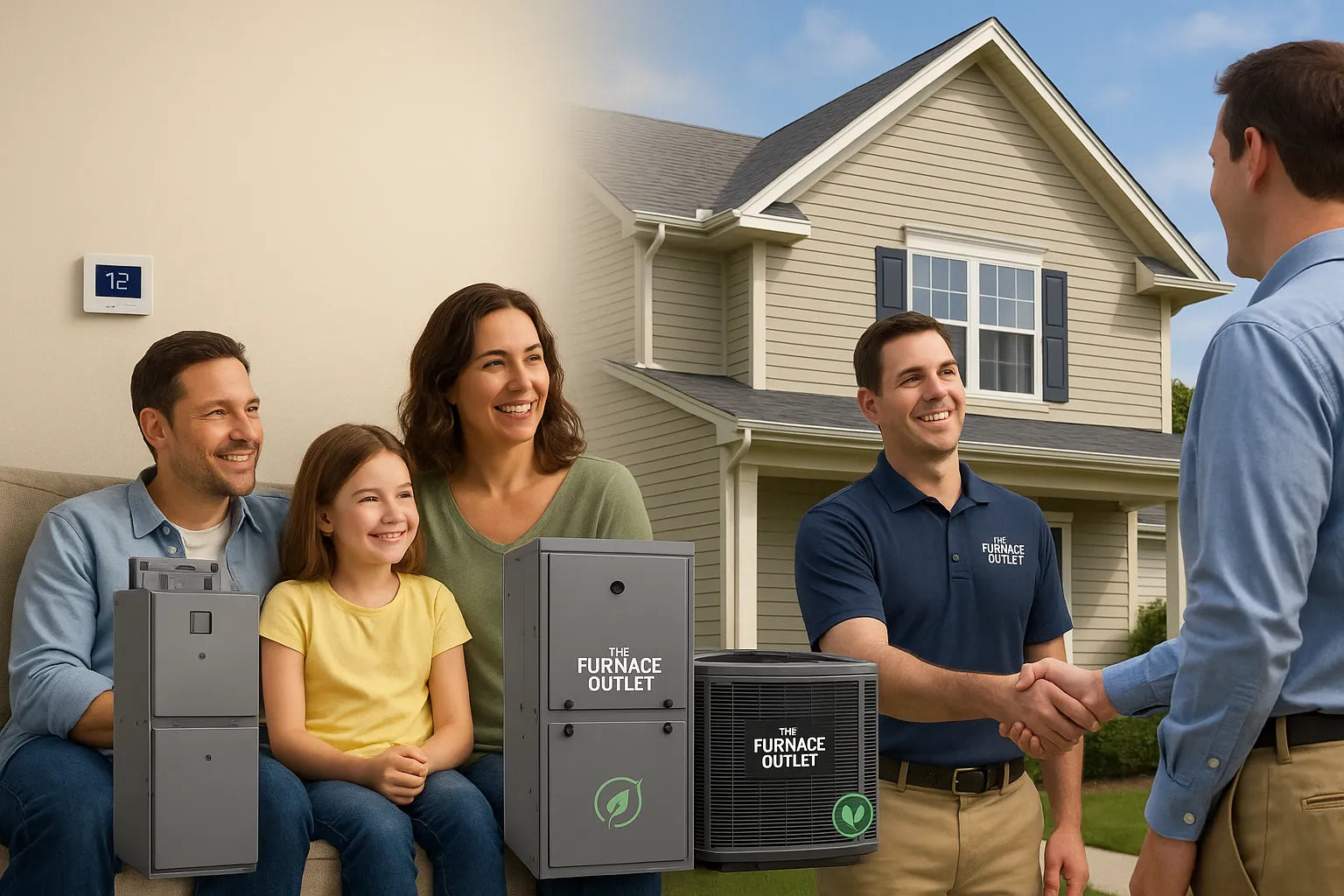 Homeowner and friendly HVAC technician shake hands outside a suburban house beside modern, energy‑efficient heating and cooling units branded “The Furnace Outlet