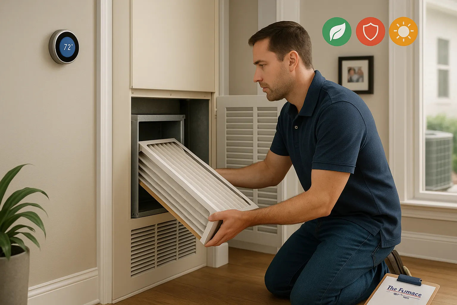 Homeowner installing a deep-pleat MERV furnace filter for cleaner air and efficient, reliable HVAC performance.