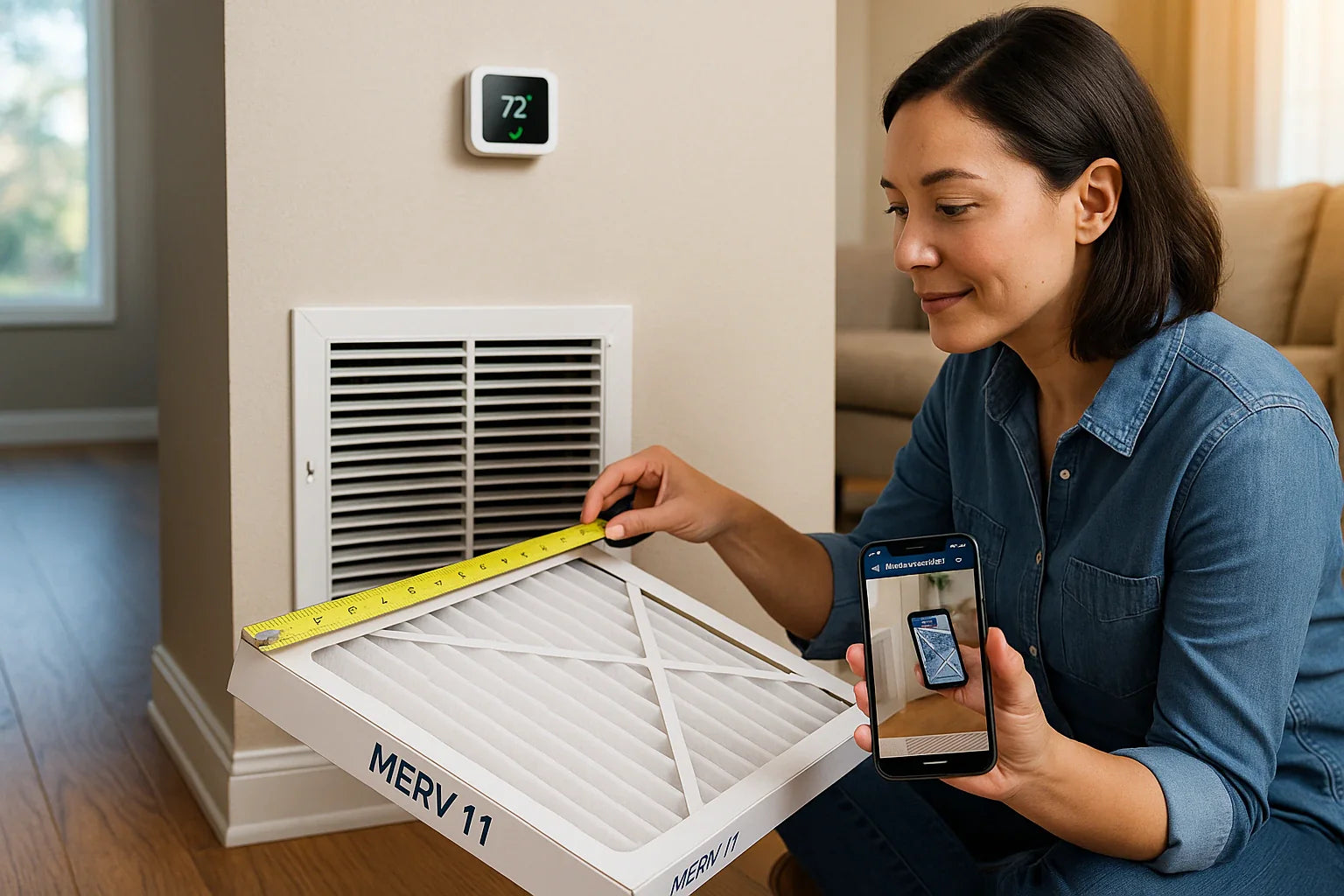 Homeowner measuring an HVAC filter at a return grille with a smart thermostat in view, conveying efficient, comfortable, and reliable home heating and cooling for The Furnace Outlet.