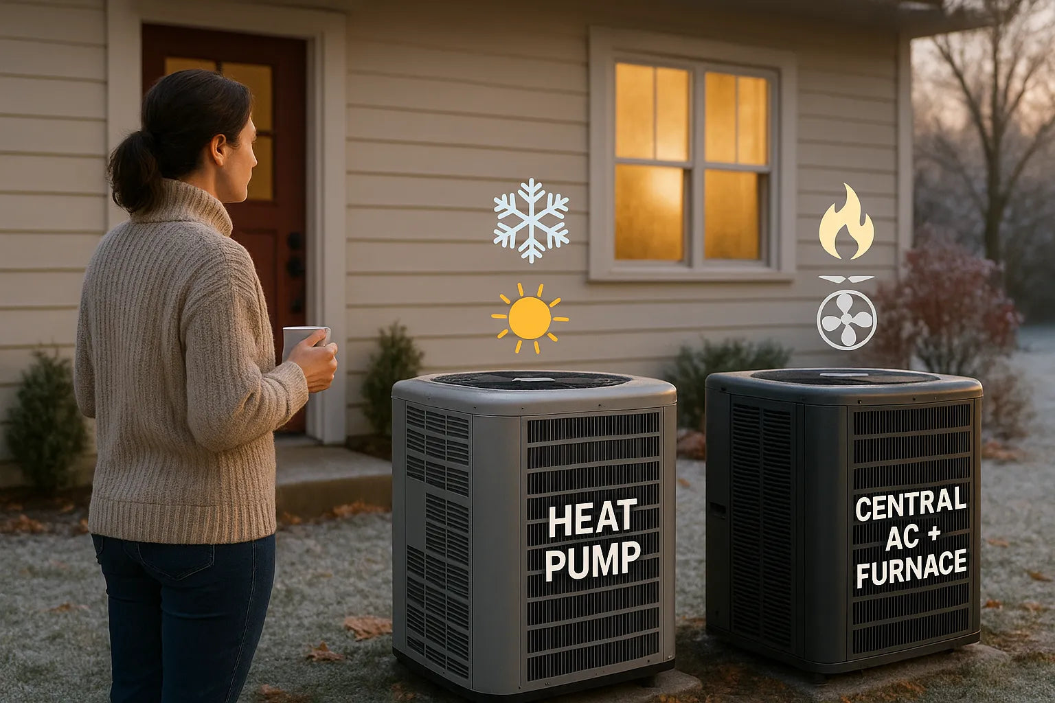 Homeowner weighing heat pump vs. central AC and furnace outside a frosty morning home.