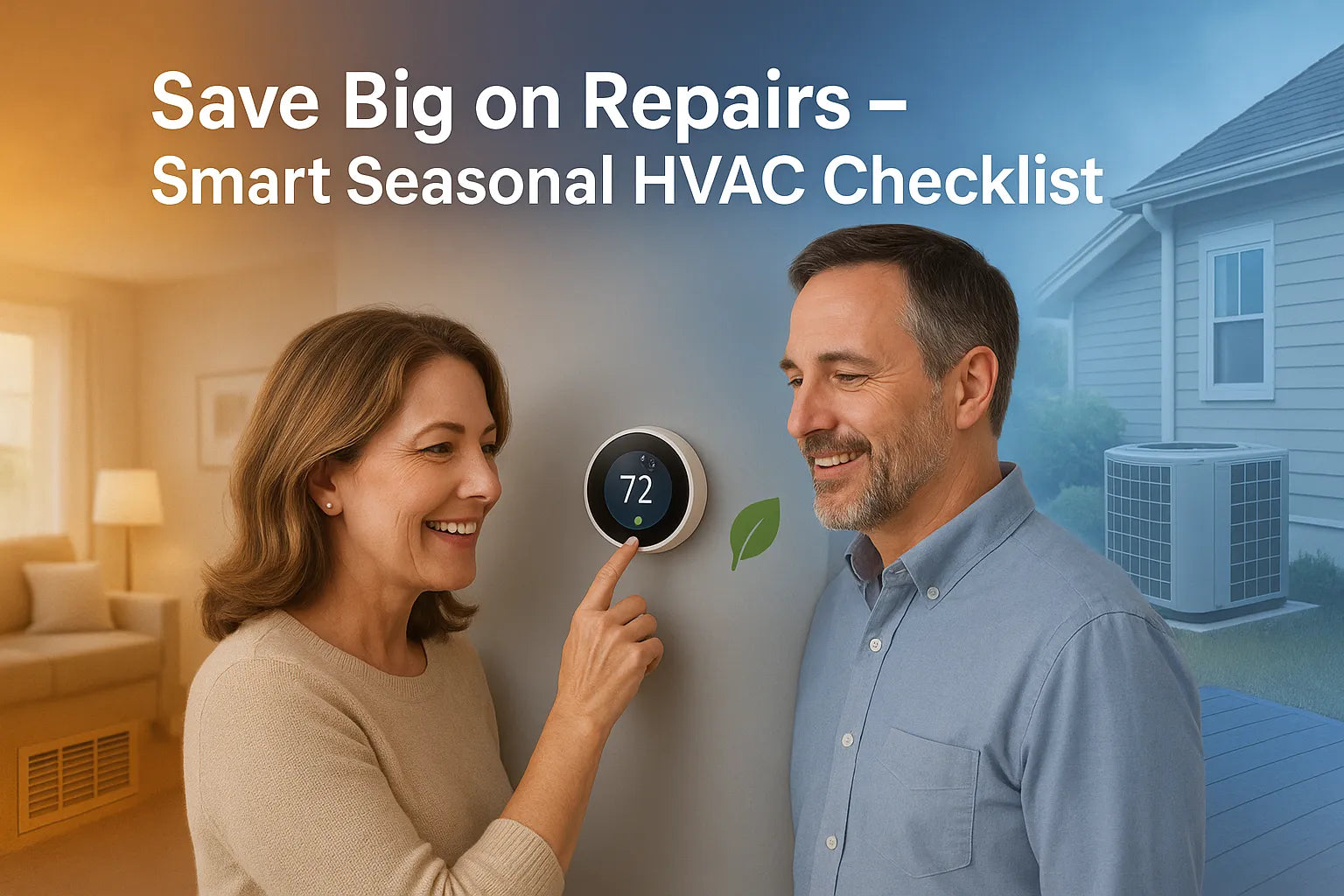Homeowners adjust a smart thermostat, with warm indoor tones on one side and a cool outdoor AC unit on the other,
