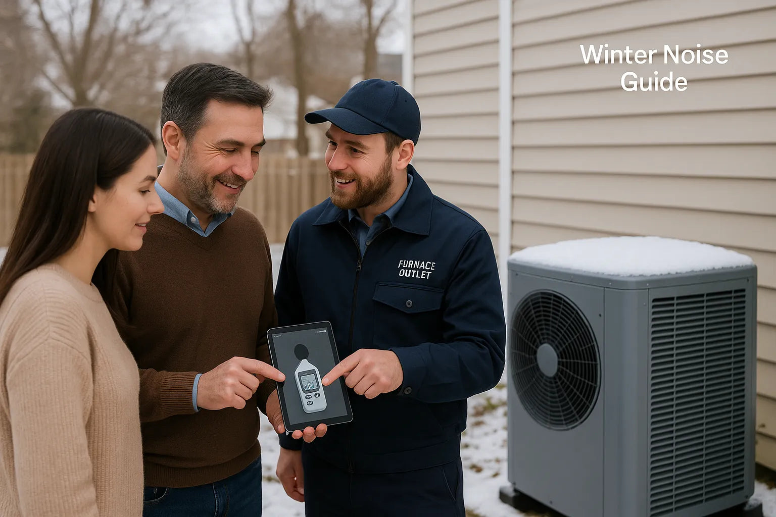 Homeowners and an HVAC technician review a 50 dB reading on a tablet beside a modern heat pump in a bright, snowy U.S. backyard—trustworthy, real-life service scene for The Furnace Outlet.