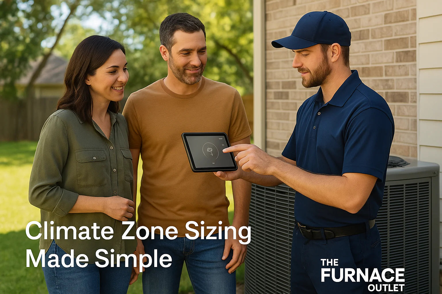 Homeowners and an HVAC technician review a smart thermostat beside an outdoor AC unit in a sunny backyard, illustrating climate-zone sizing guidance from The Furnace Outlet.