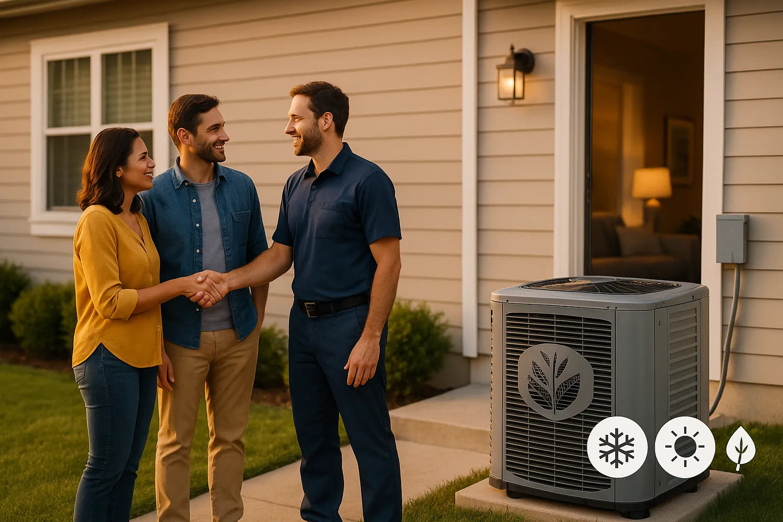 Homeowners greet an HVAC technician beside a modern heat pump outside a U.S. home, conveying energy-efficient comfort and reliability for The Furnace Outlet.