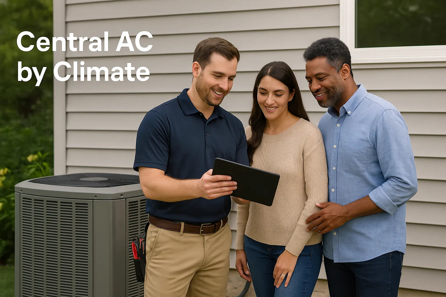Homeowners review AC upgrade options with an HVAC technician beside an outdoor condenser in bright natural light, emphasizing climate-based comfort, efficiency, and savings.