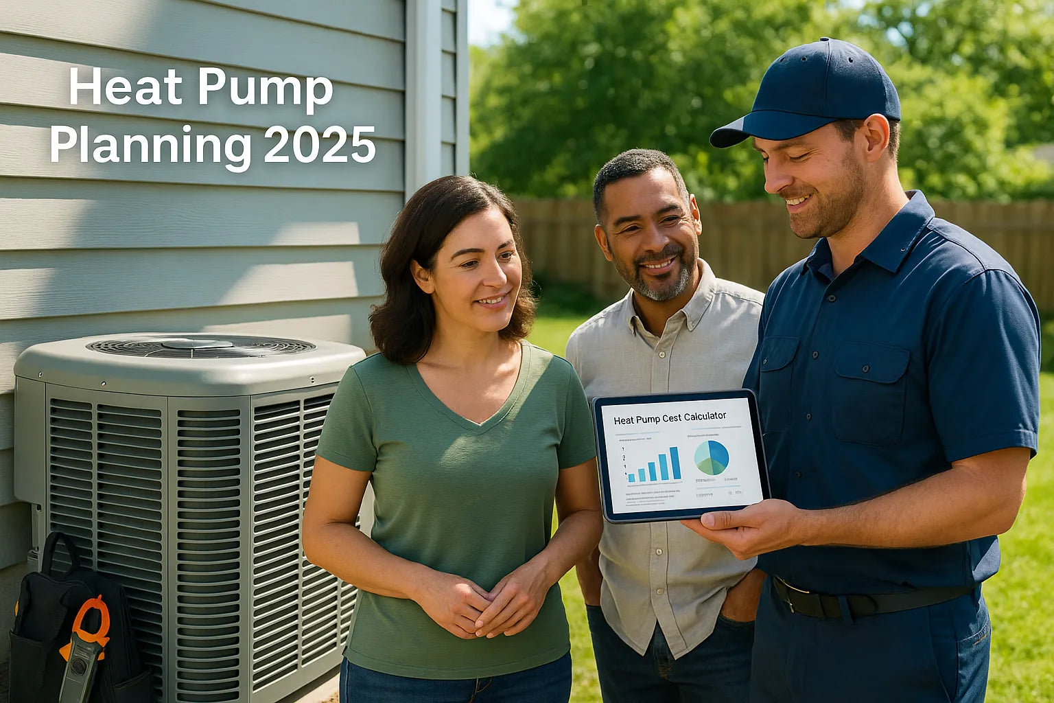 Homeowners review a heat pump cost calculator with an HVAC technician beside a modern outdoor condenser on a sunny side yard, conveying comfort, efficiency, and savings.