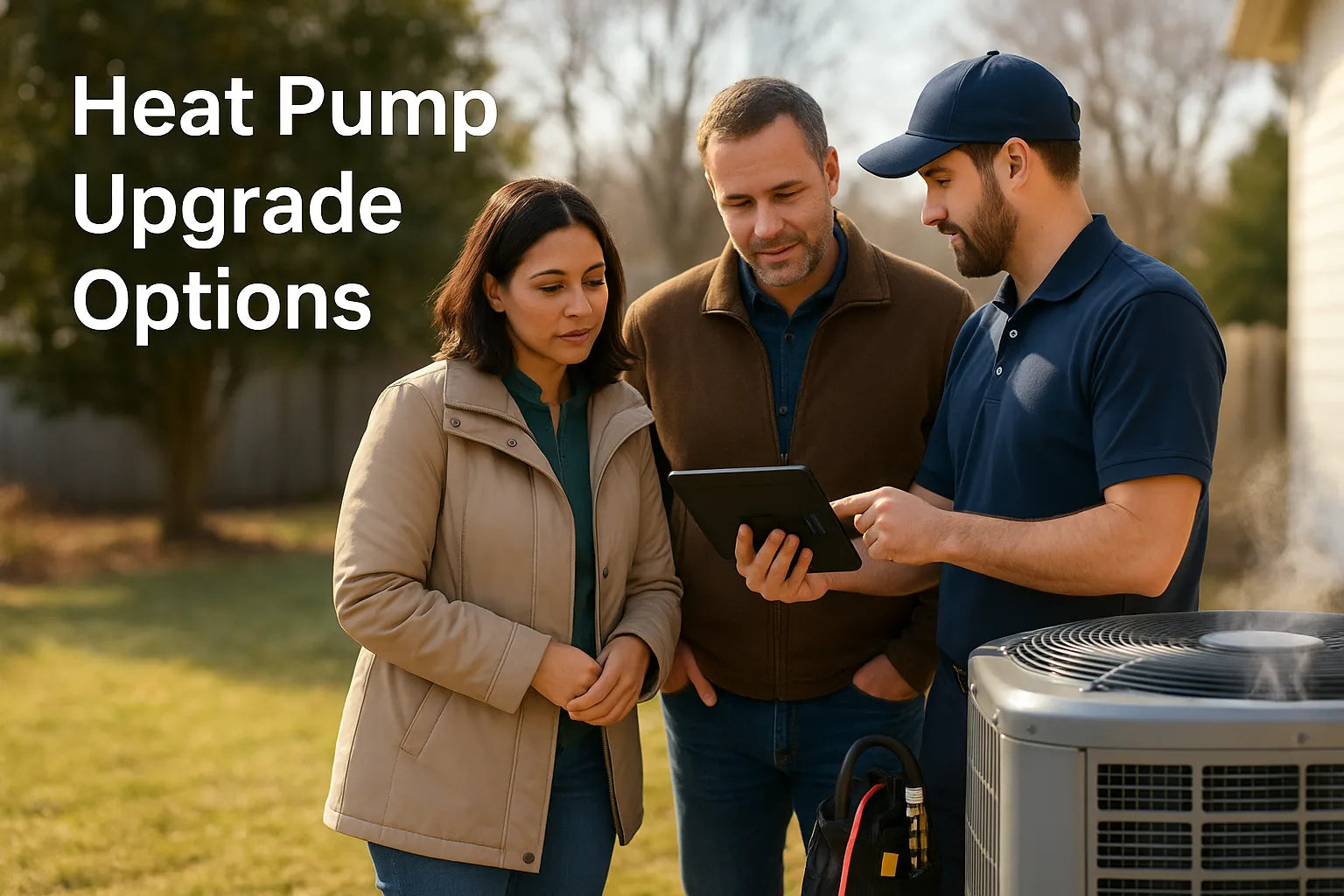 Homeowners review a technician’s tablet beside an outdoor heat pump in bright natural light, discussing energy-saving upgrade options.