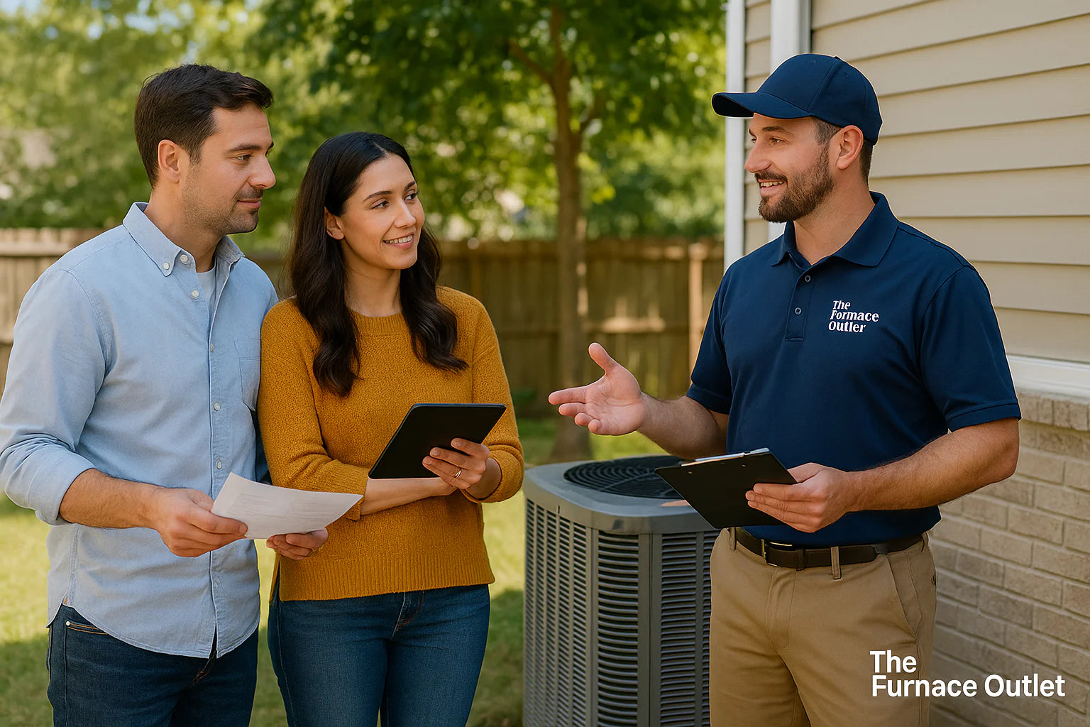 Homeowners review energy-saving options with a friendly Furnace Outlet technician beside an outdoor unit on a sunny backyard visit, illustrating a real-life heat-pump-vs-AC discussion.