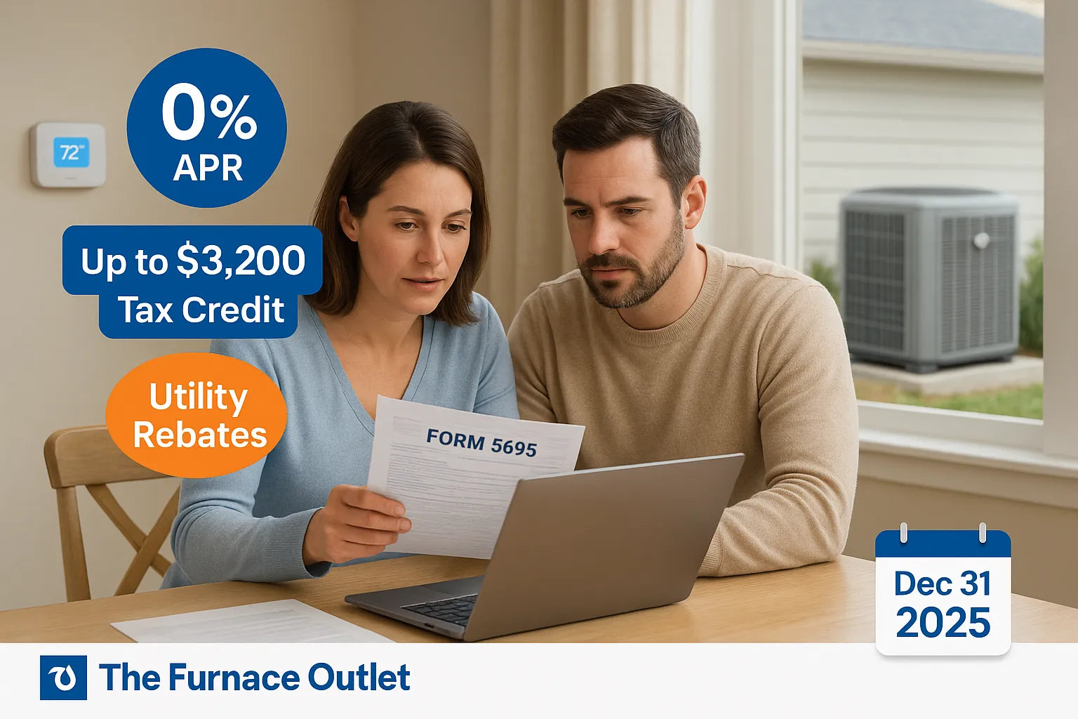 Homeowners reviewing 0% HVAC financing with up to $3,200 federal credit and utility rebates