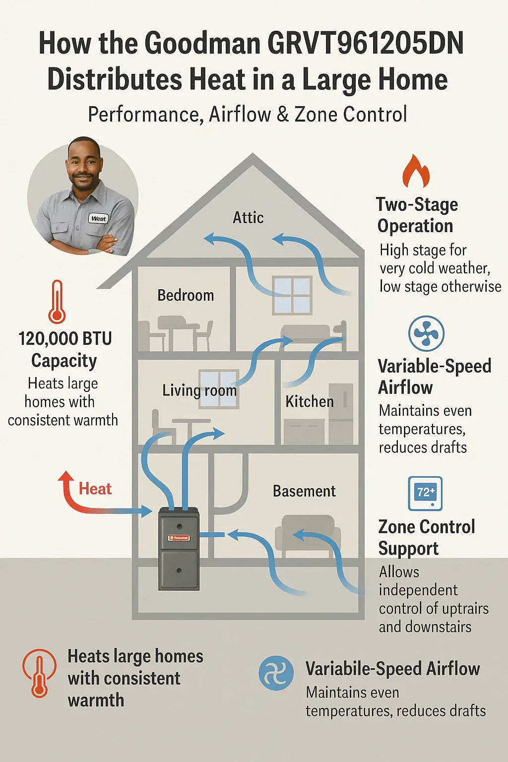 How the Goodman GRVT961205DN Keeps Large Homes Warm — Performance, Airflow & Zone Control