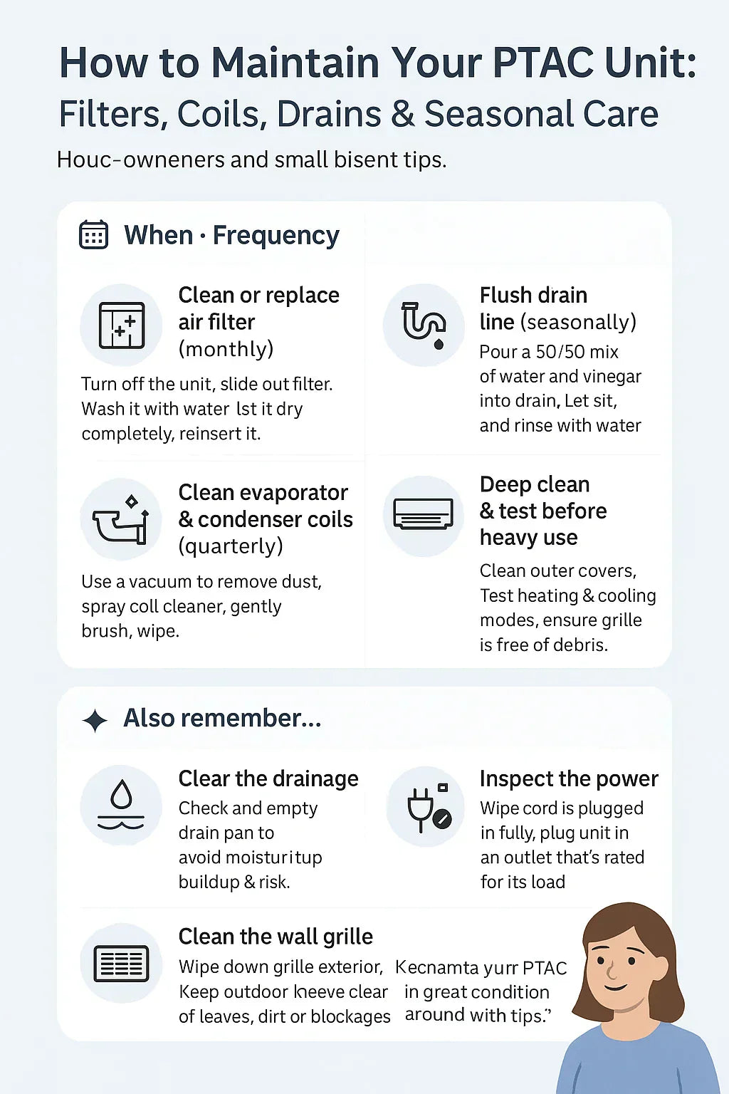How to Maintain Your PTAC Unit Filters, Coils, Drains & Seasonal Care