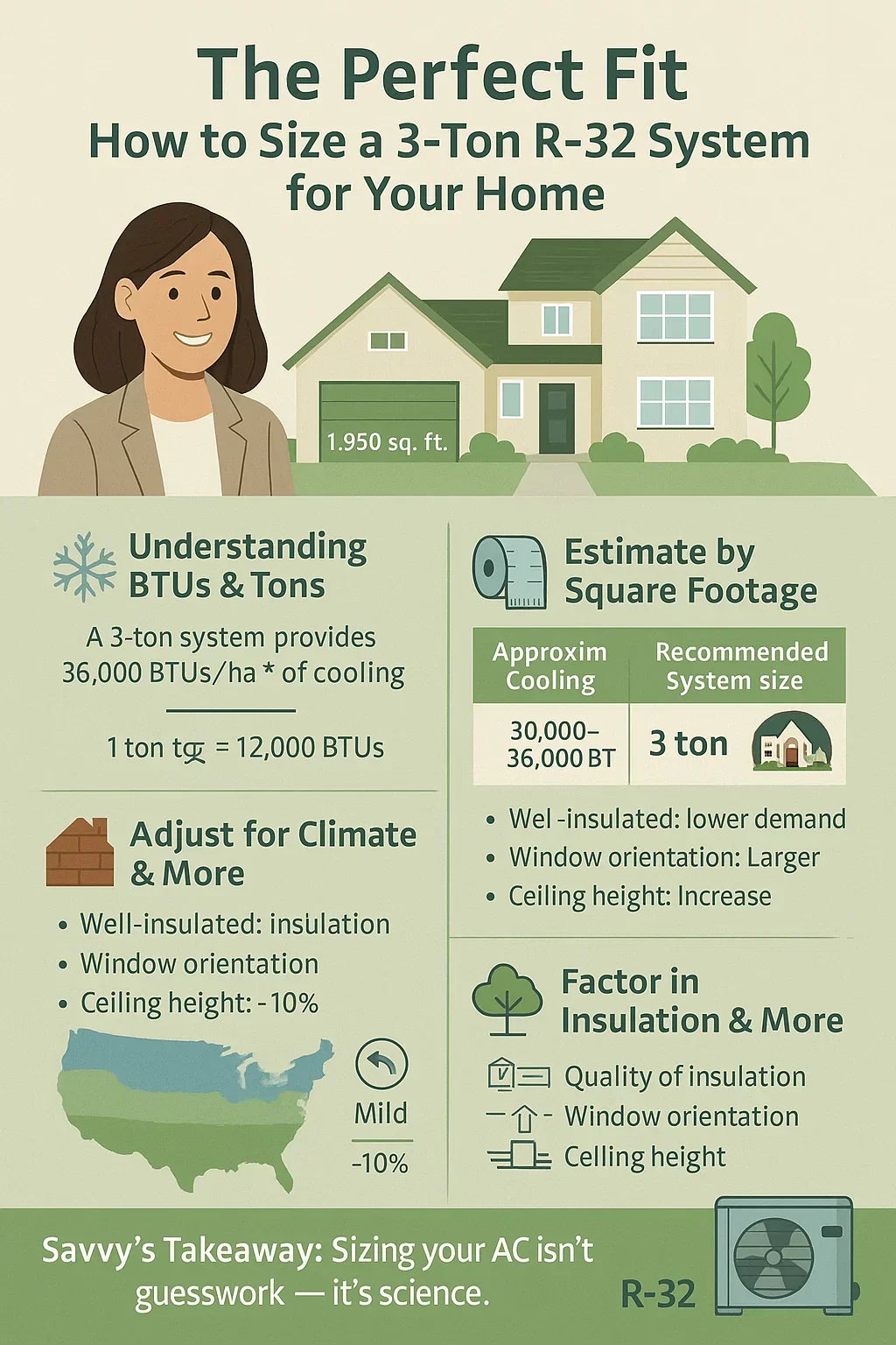 How to Size a 3-Ton R-32 System for Your Home — BTUs, Square Footage & Climate Tips