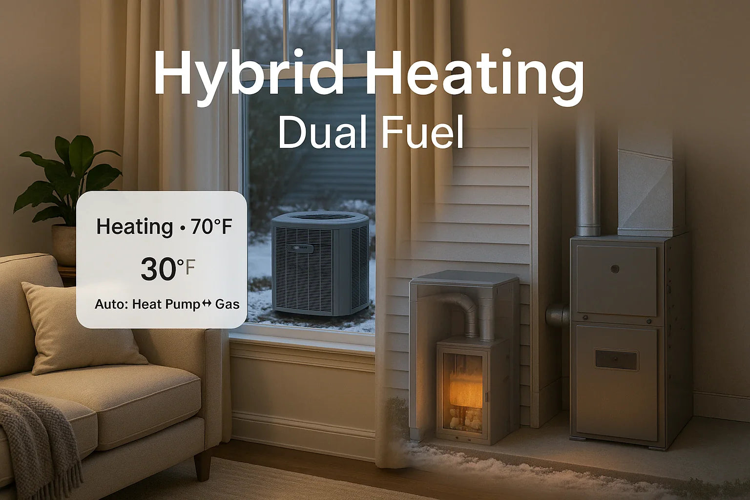 Hybrid dual-fuel heating hero suburban home with outdoor heat pump and indoor gas furnace, clean UI overlay showing auto switchover for efficient, comfortable, reliable heating.