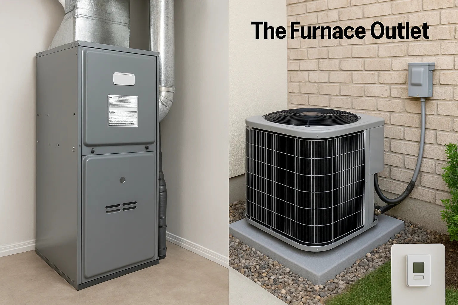 Indoor furnace, outdoor air conditioning unit, and thermostat shown for HVAC branding.