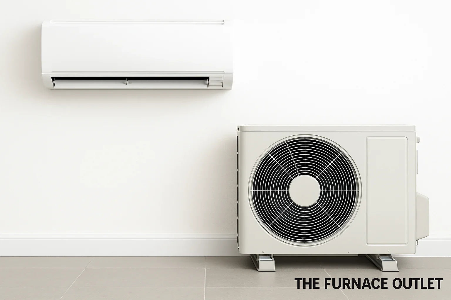 Mini split HVAC system indoor and outdoor units with The Furnace Outlet logo in corner