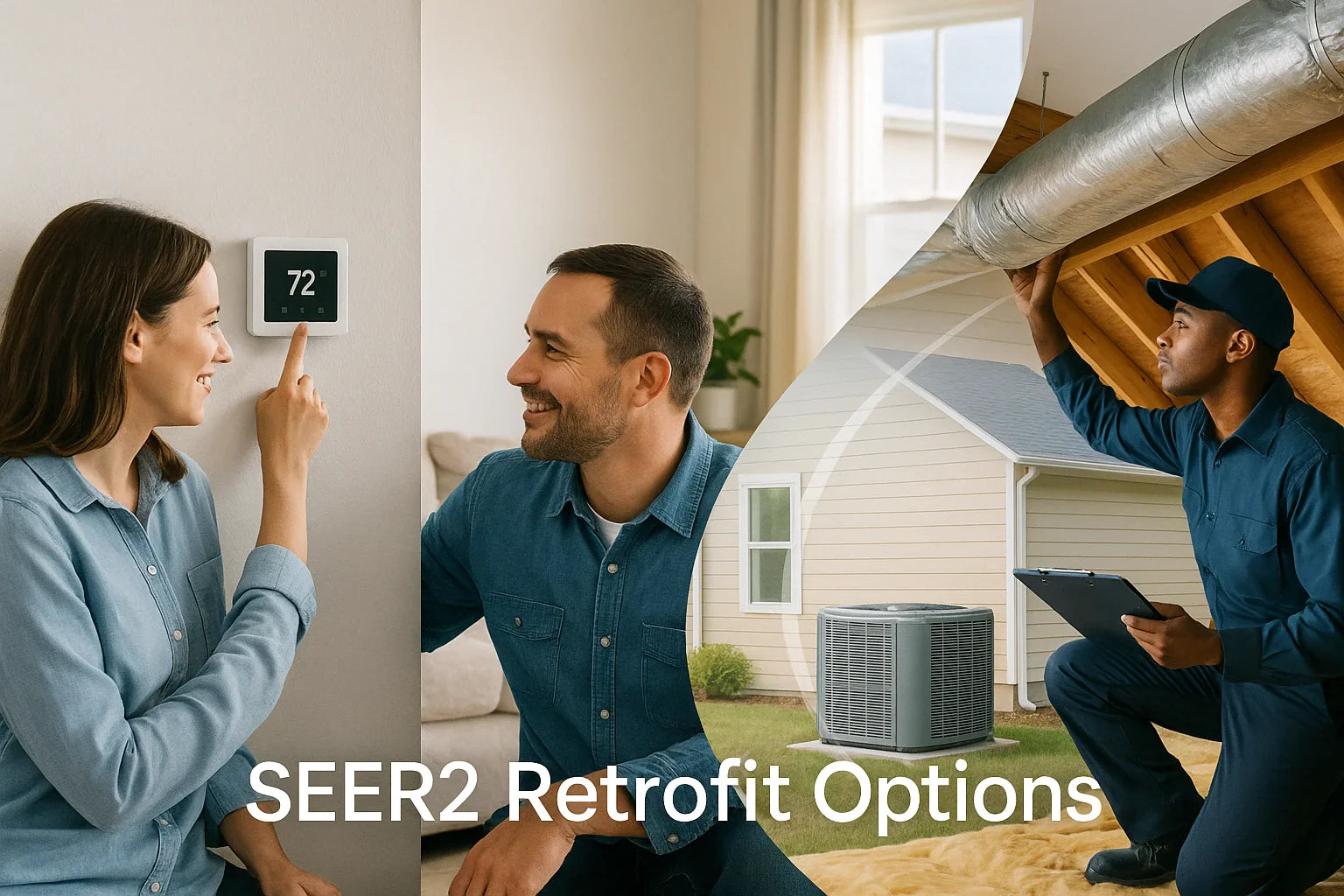 Modern American home scene with smart thermostat, sealed attic ductwork, and outdoor AC unit SEER2 retrofit options for efficient, reliable comfort.