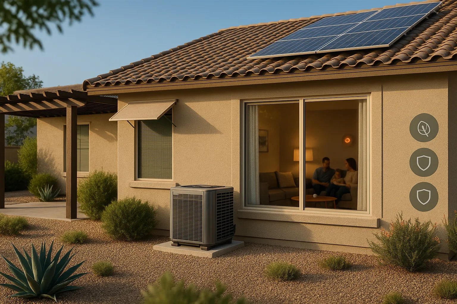 Modern American home with energy-efficient heat pump, solar shading, and a cozy living room—reflecting reliable, approachable HVAC comfort by The Furnace Outlet.