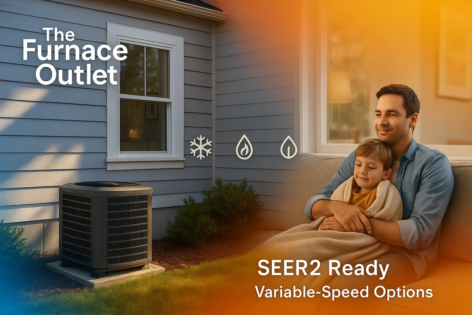 Modern American home with outdoor AC unit and soft blue-to-orange blend, conveying The Furnace Outlet’s energy-efficient heating and cooling.