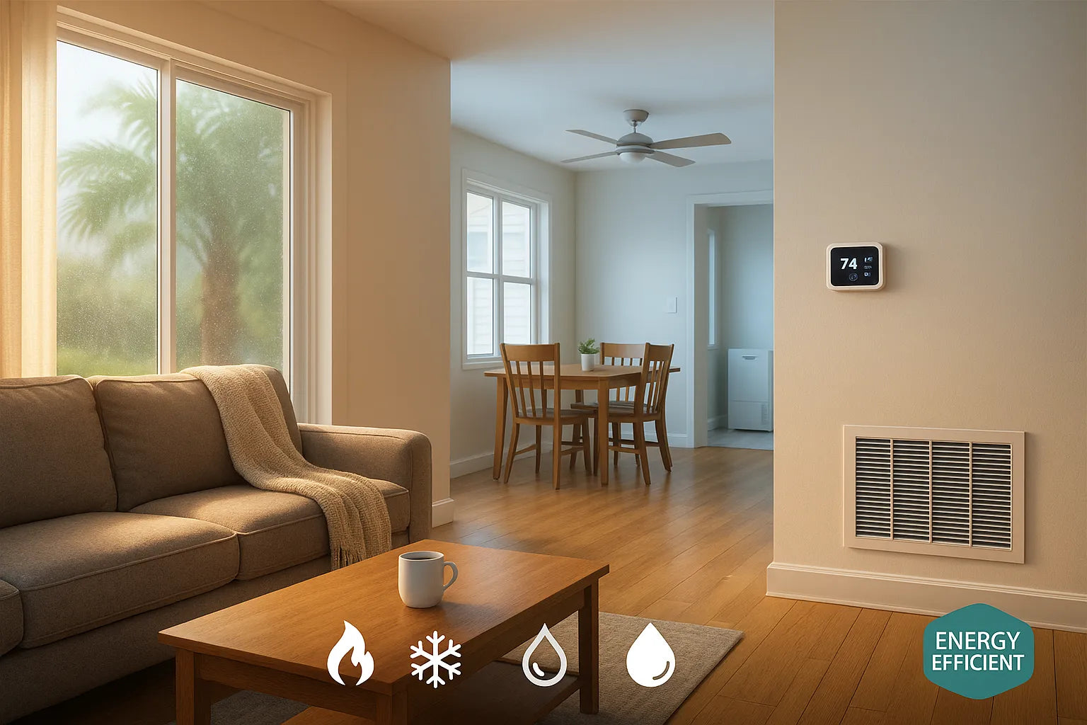 Modern Gulf Coast living room with smart thermostat and return vent, conveying efficient whole-home heating, cooling, and humidity control.