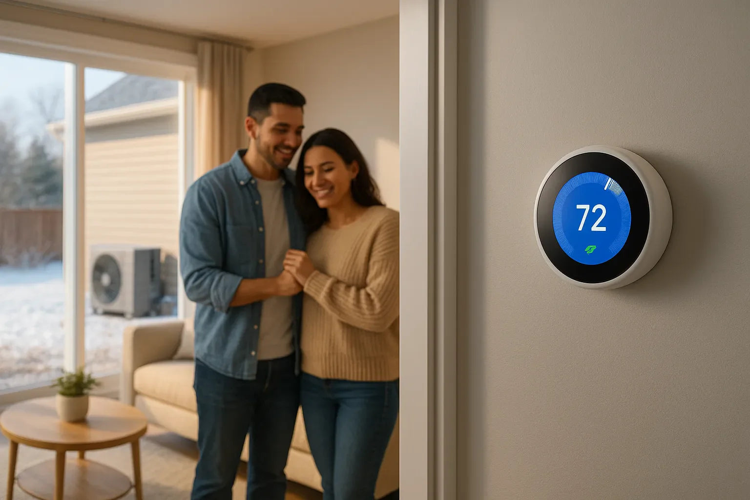 Modern U.S. home interior with visible heat pump outdoors and a smart thermostat set to 72°F, conveying efficient, reliable heating and cooling for homeowners.