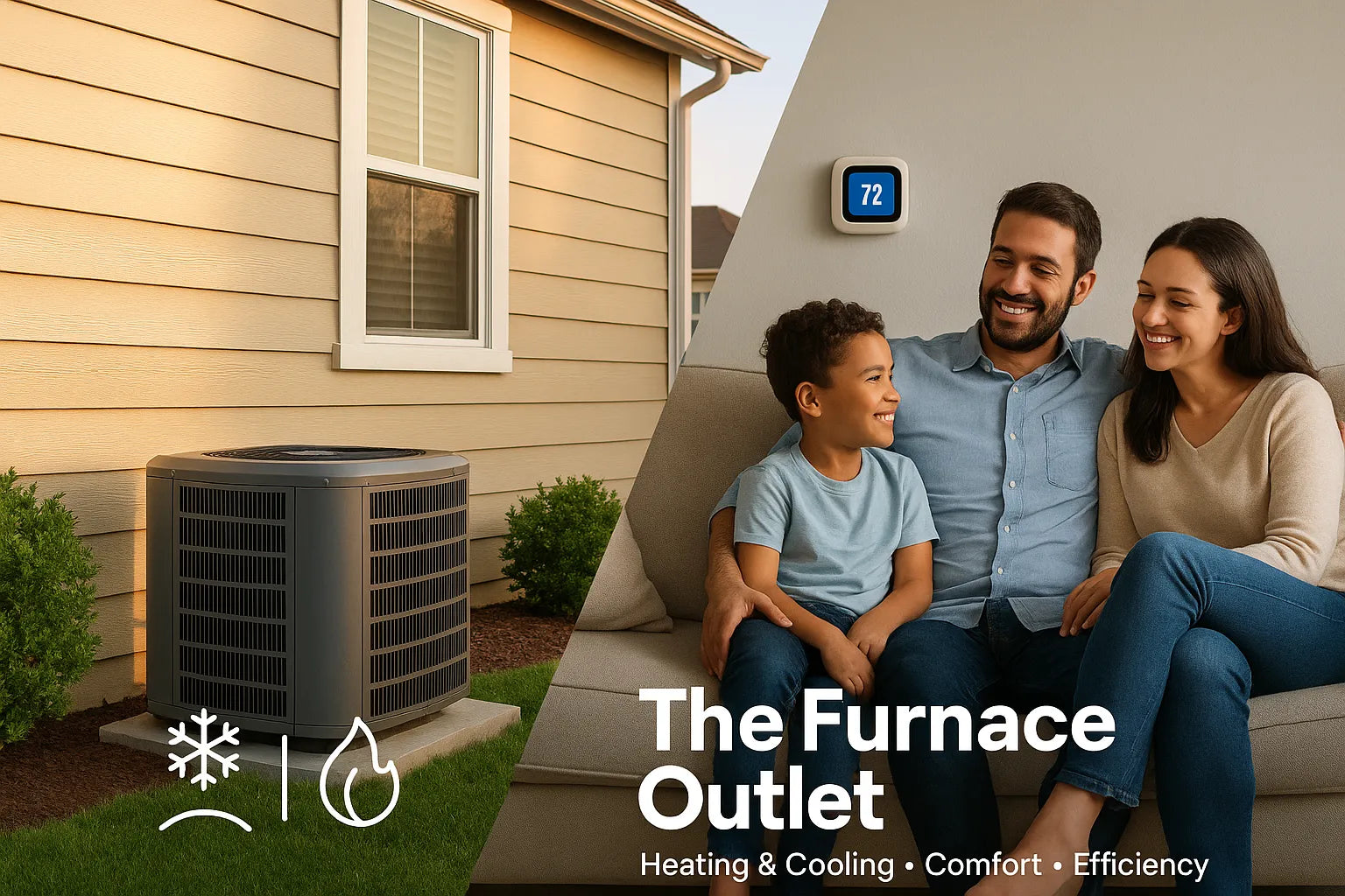 Modern U.S. home with central AC outside and a family relaxing indoors—The Furnace Outlet showcasing energy-efficient, reliable heating and cooling.