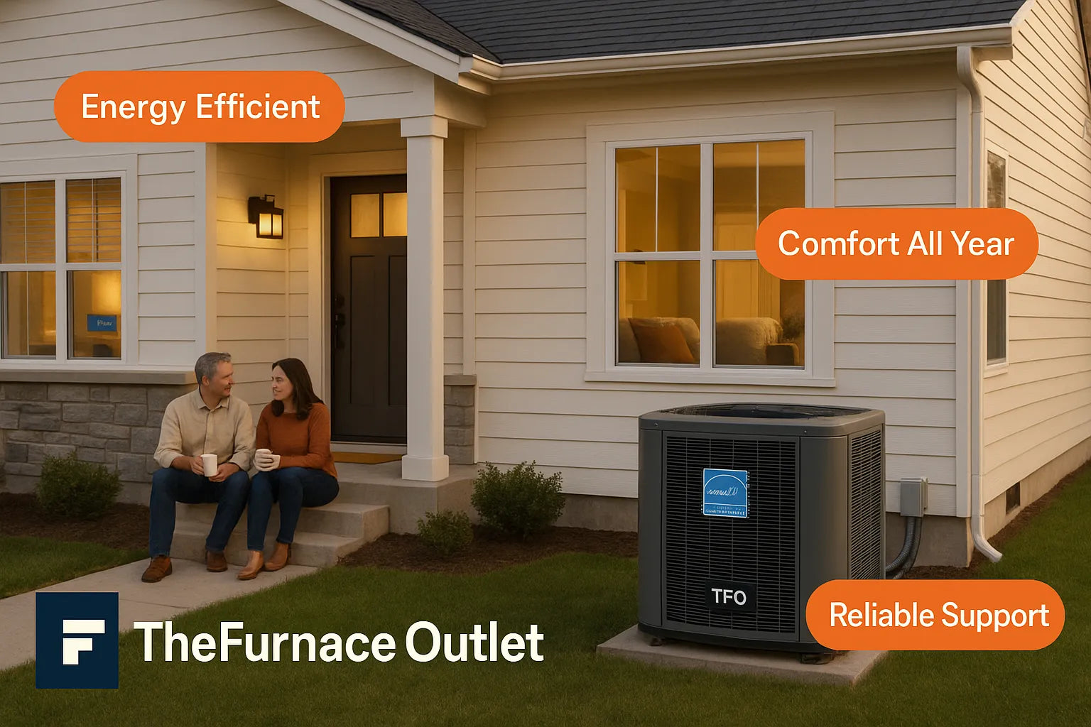 Modern U.S. home with efficient outdoor heat pump and warm interior glow—trustworthy, comfortable residential HVAC by The Furnace Outlet.
