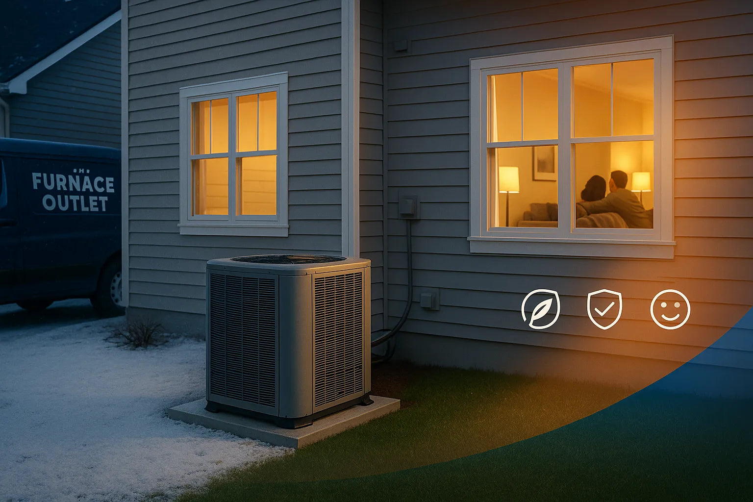 Modern U.S. home with energy-efficient heat pump outside and warm interior glow, split winter-to-summer to convey reliable heating and cooling.