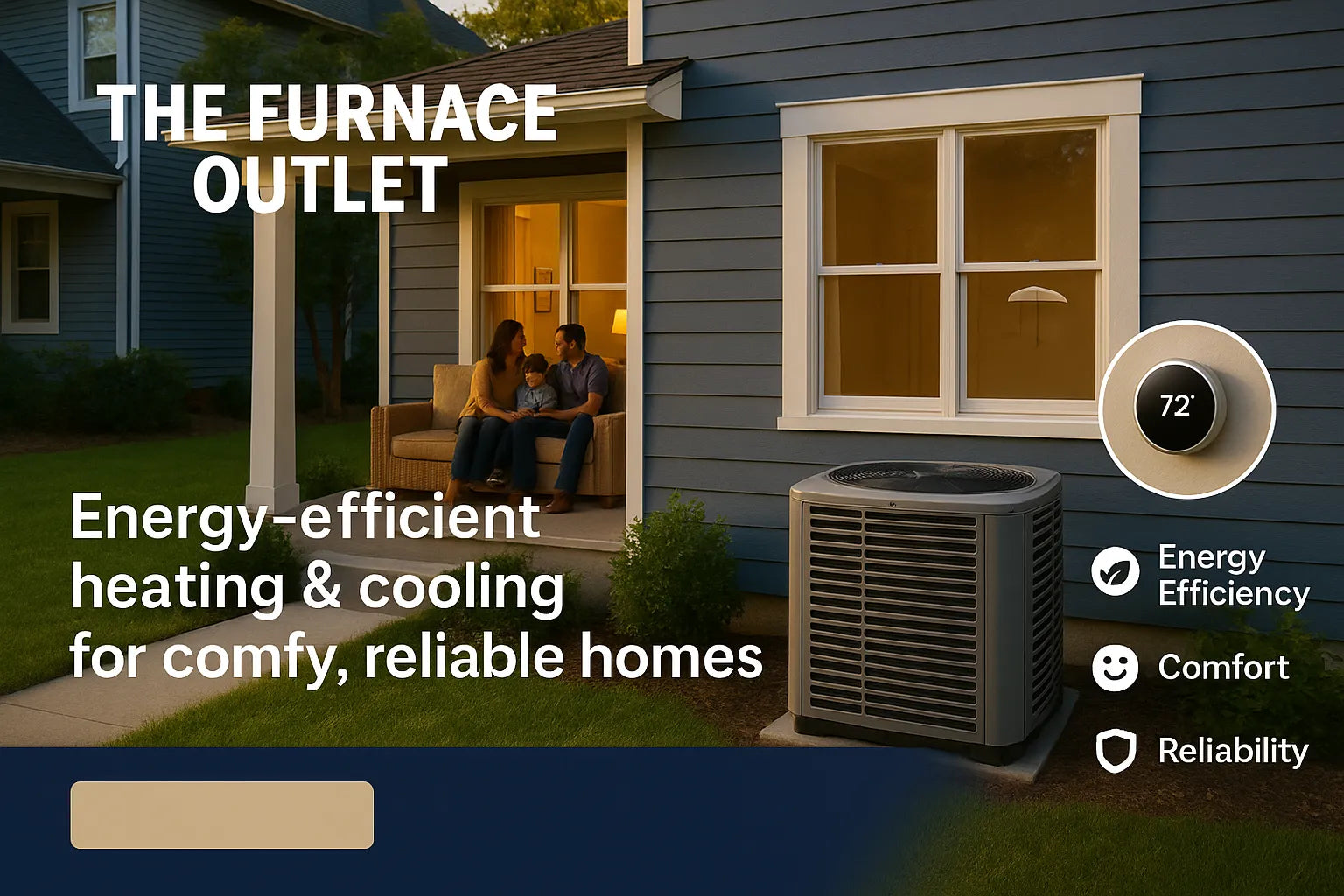 Modern U.S. home with outdoor AC unit and warm living room glow, showcasing The Furnace Outlet’s energy-efficient, reliable heating and cooling.