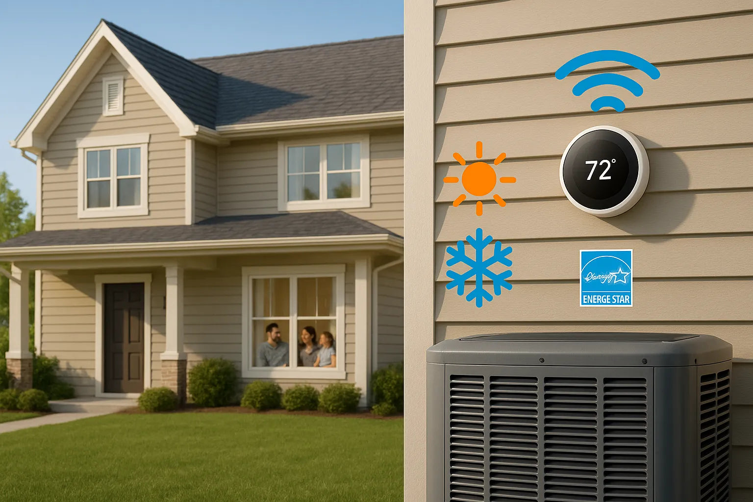 Modern family home with smart thermostat controls, symbolizing energy-efficient residential heating and cooling
